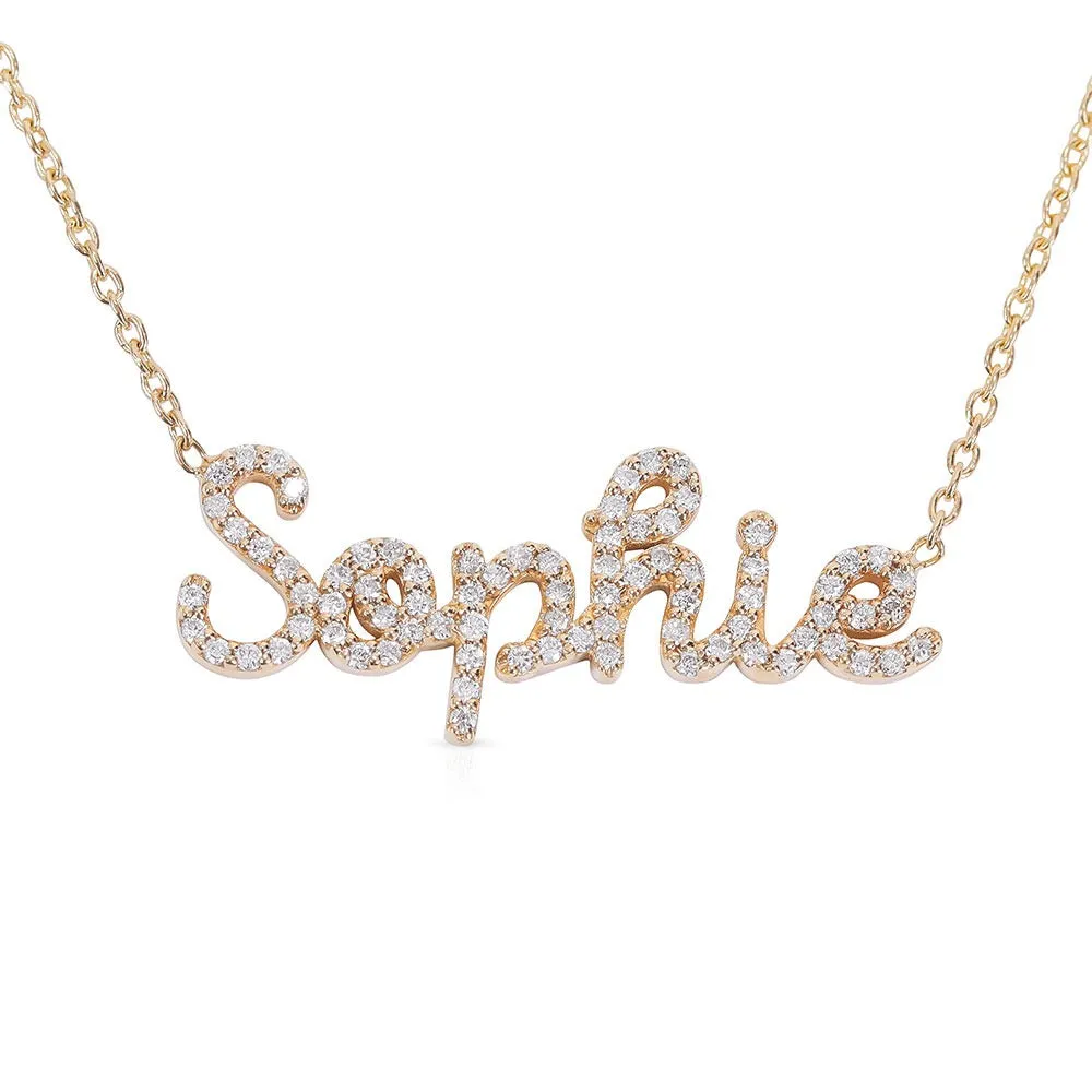 14K GOLD AND DIAMOND PERSONALIZED ROUNDED SCRIPT NECKLACE