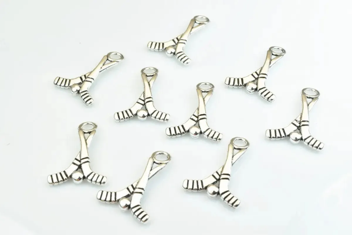 15 PCs Hooke Sticks With Ball Sport Charms Alloy Antique Silver Size 22x16mm Jump Ring Size 3mm For Jewelry Making