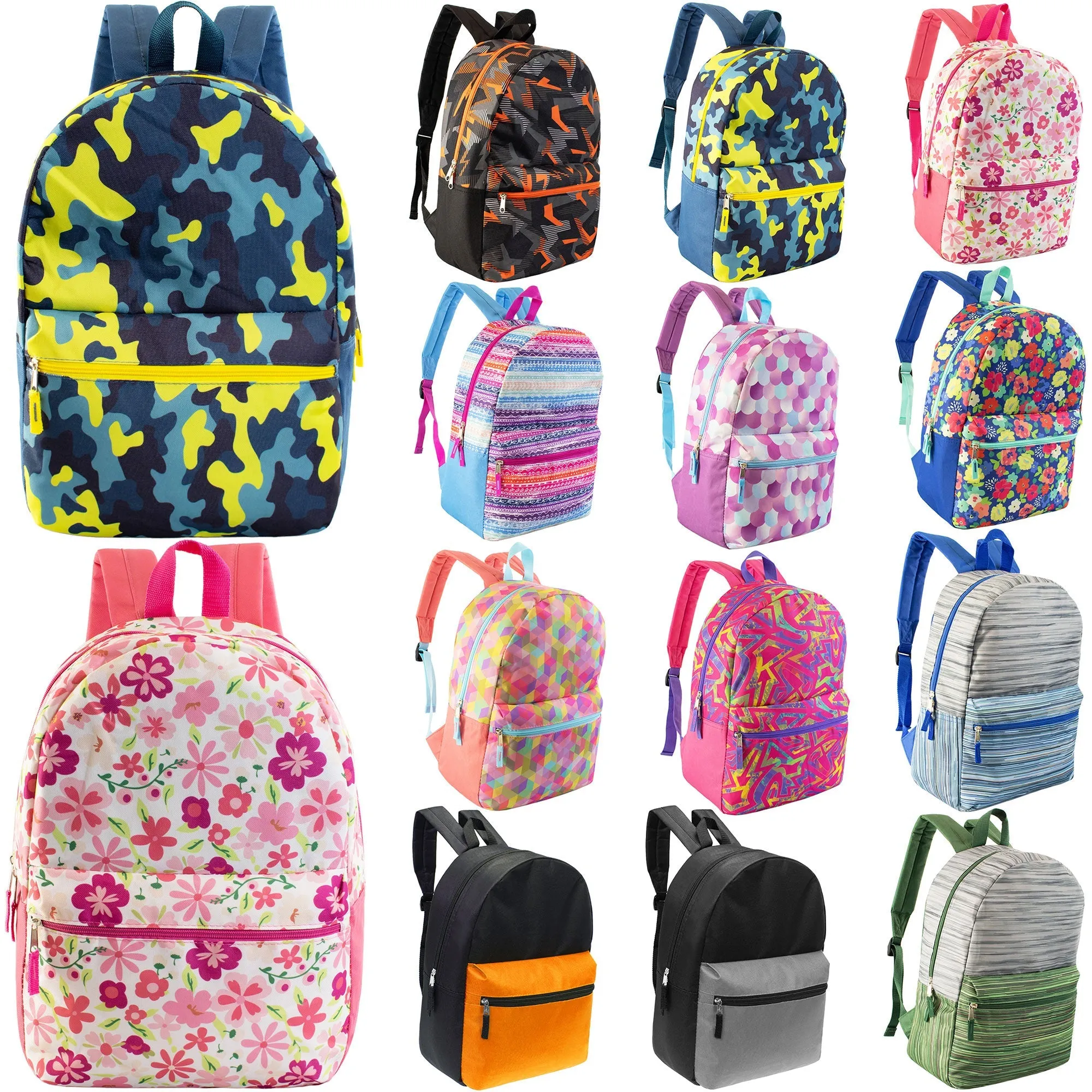 17" Wholesale Backpacks In 12 Assorted Prints & Colors - Bulk Case Of 24 Backpacks