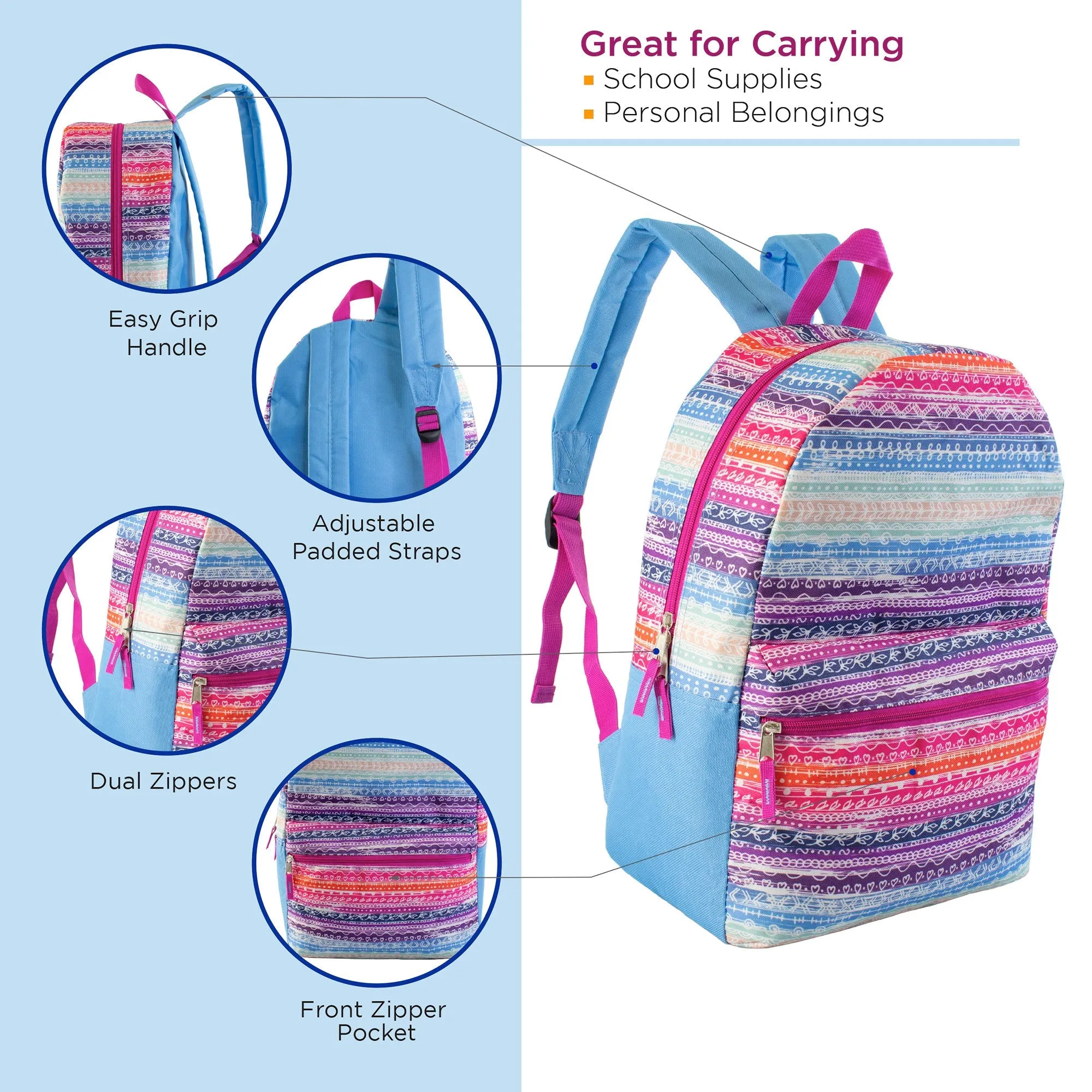 17" Wholesale Backpacks In 12 Assorted Prints & Colors - Bulk Case Of 24 Backpacks