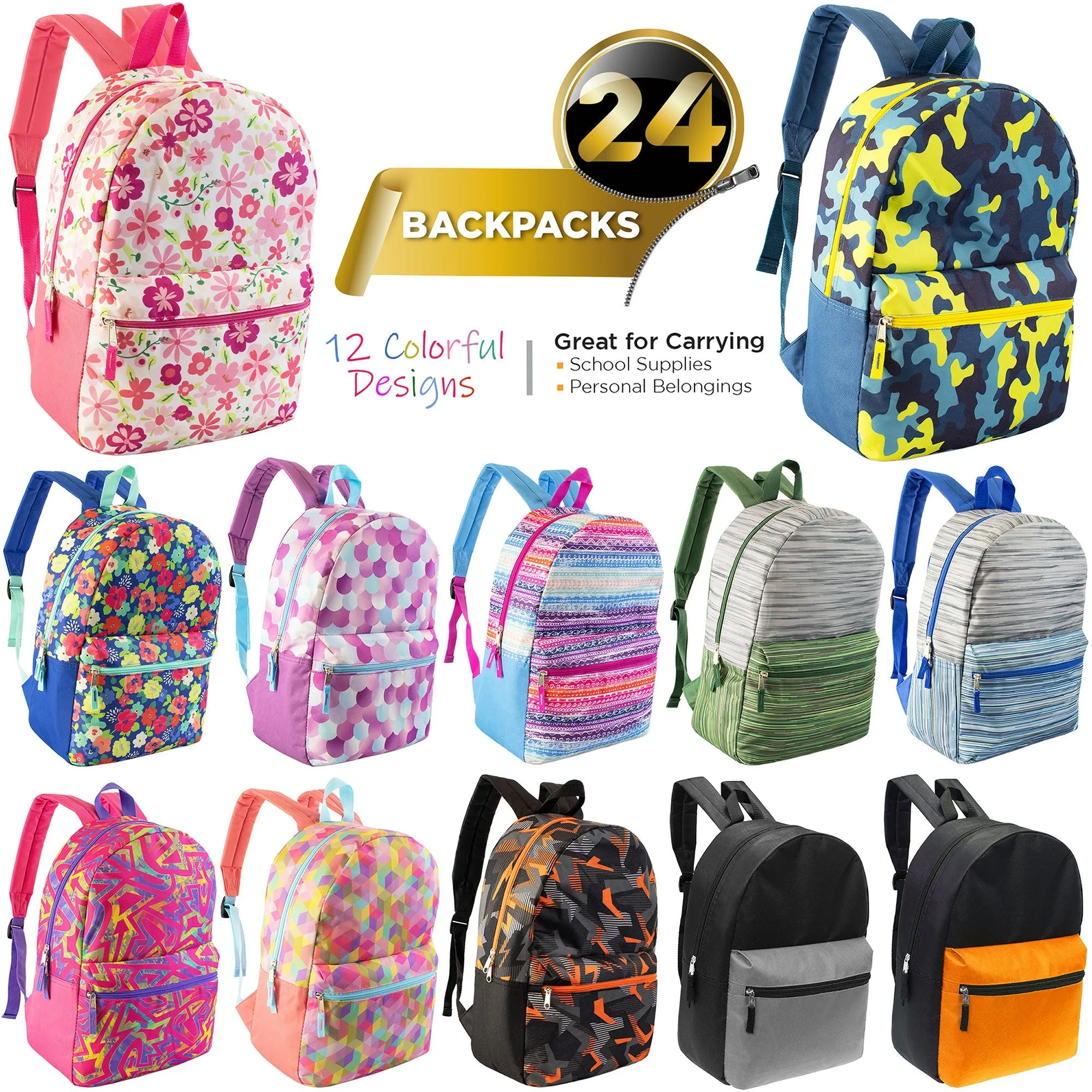 17" Wholesale Backpacks In 12 Assorted Prints & Colors - Bulk Case Of 24 Backpacks