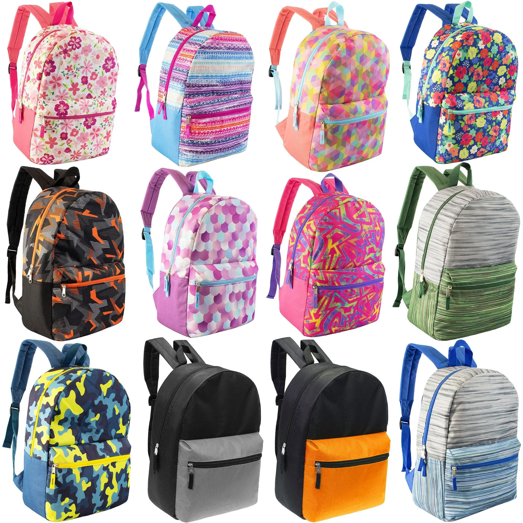 17" Wholesale Backpacks In 12 Assorted Prints & Colors - Bulk Case Of 24 Backpacks