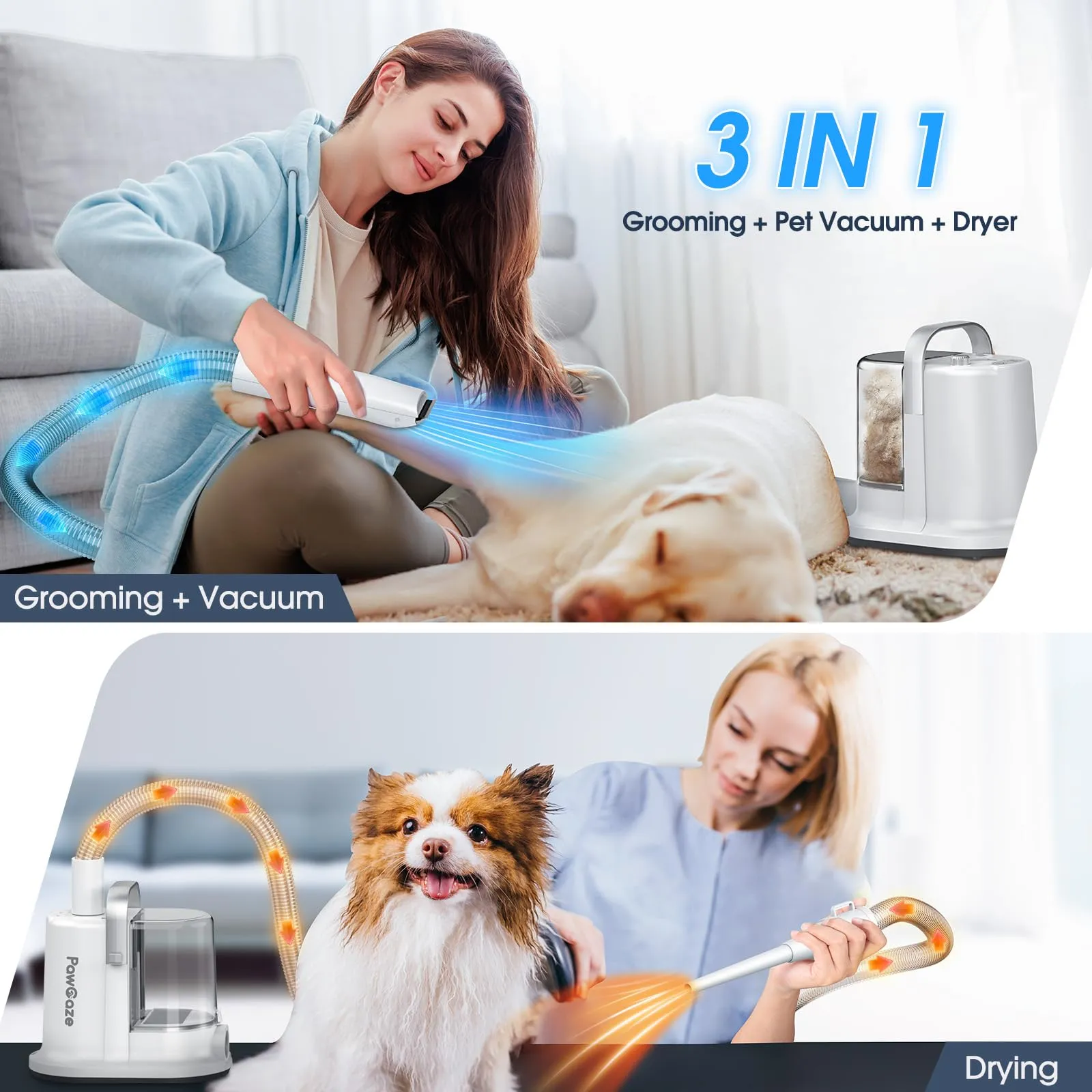 3 in 1 Pet Grooming Vacuum & Hot/Cold Dryers,Quiet Dog Grooming Kit,13000Pa Strong Dog/Cat Vacuum Cleaners for Shedding,Suction 99.99% Pet Hair,4 Pet Grooming & Trimmer Tools. (White)