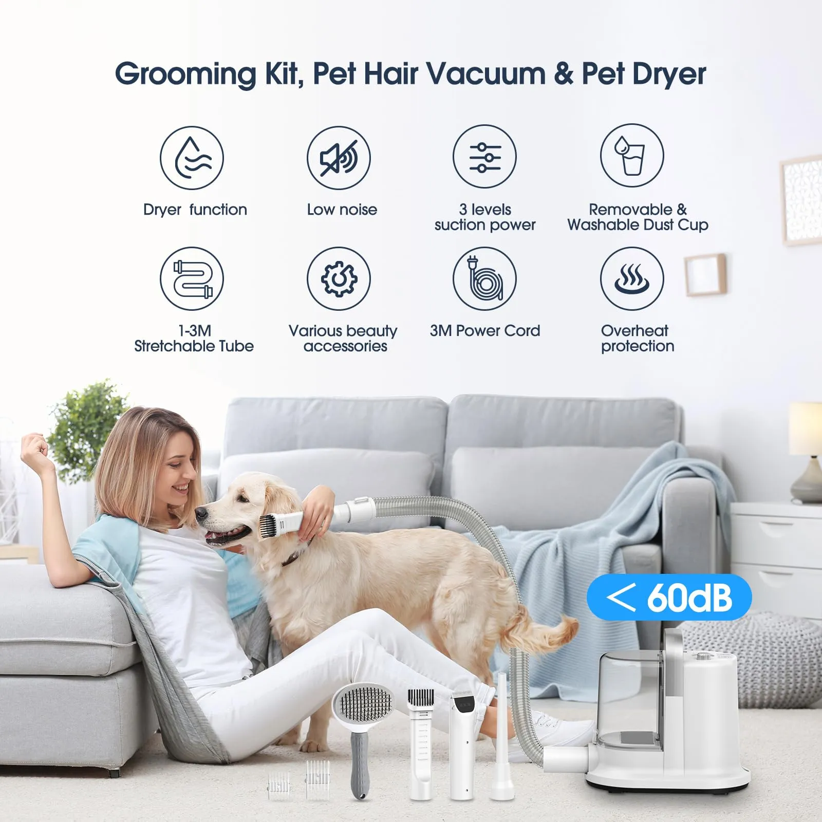 3 in 1 Pet Grooming Vacuum & Hot/Cold Dryers,Quiet Dog Grooming Kit,13000Pa Strong Dog/Cat Vacuum Cleaners for Shedding,Suction 99.99% Pet Hair,4 Pet Grooming & Trimmer Tools. (White)