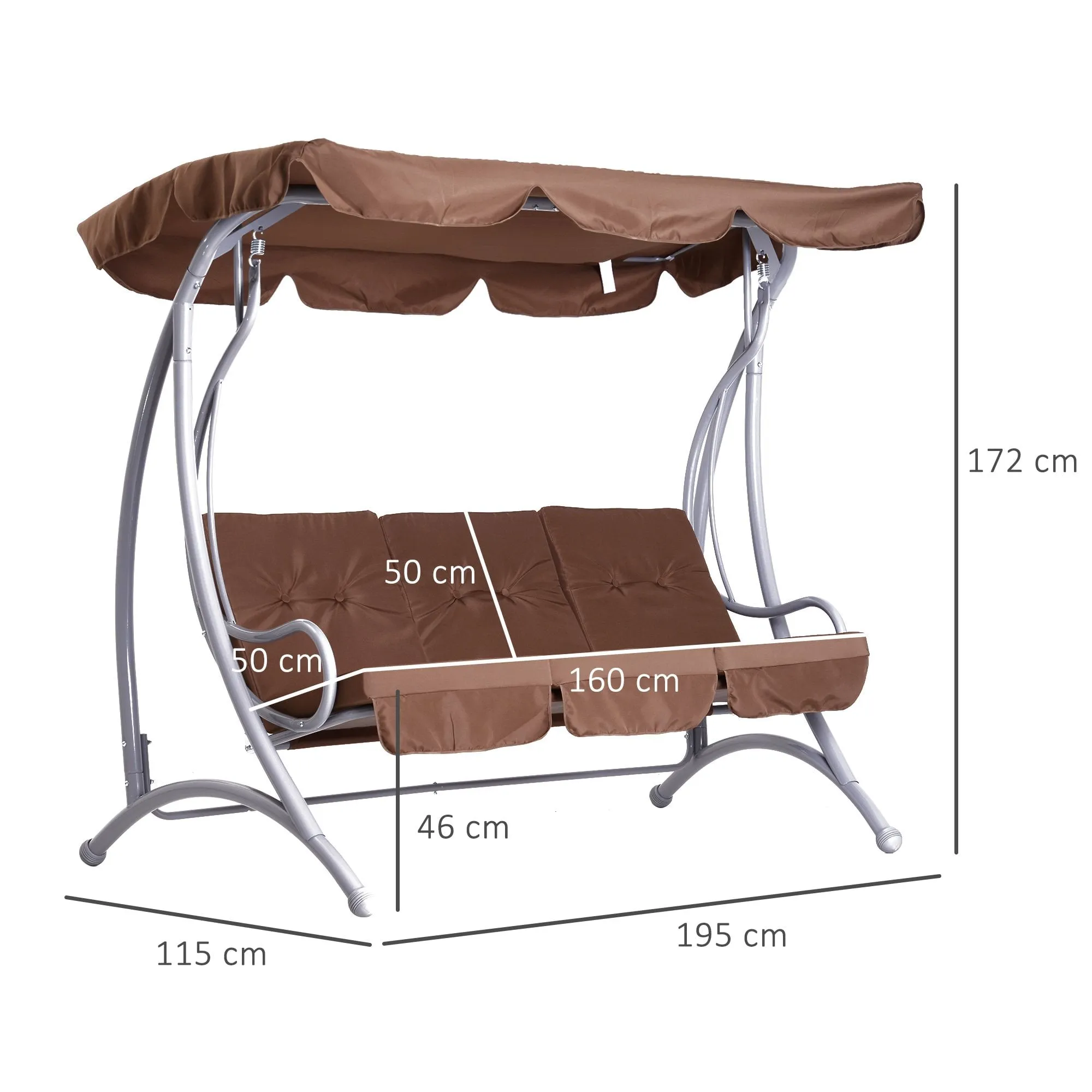 3 Seater Garden Metal Swing Bench - Coffee