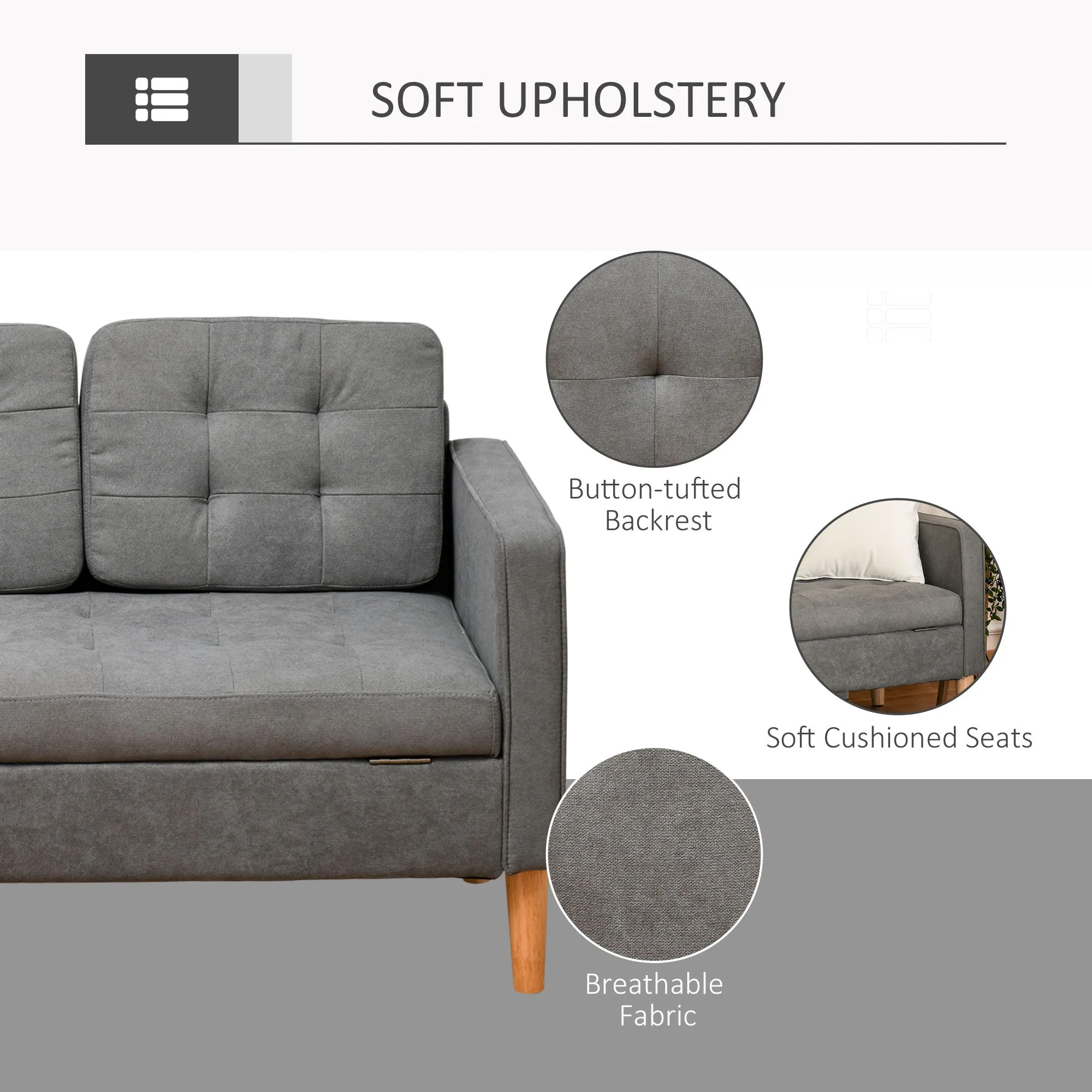 3 Seater Sofa With Storage - Grey