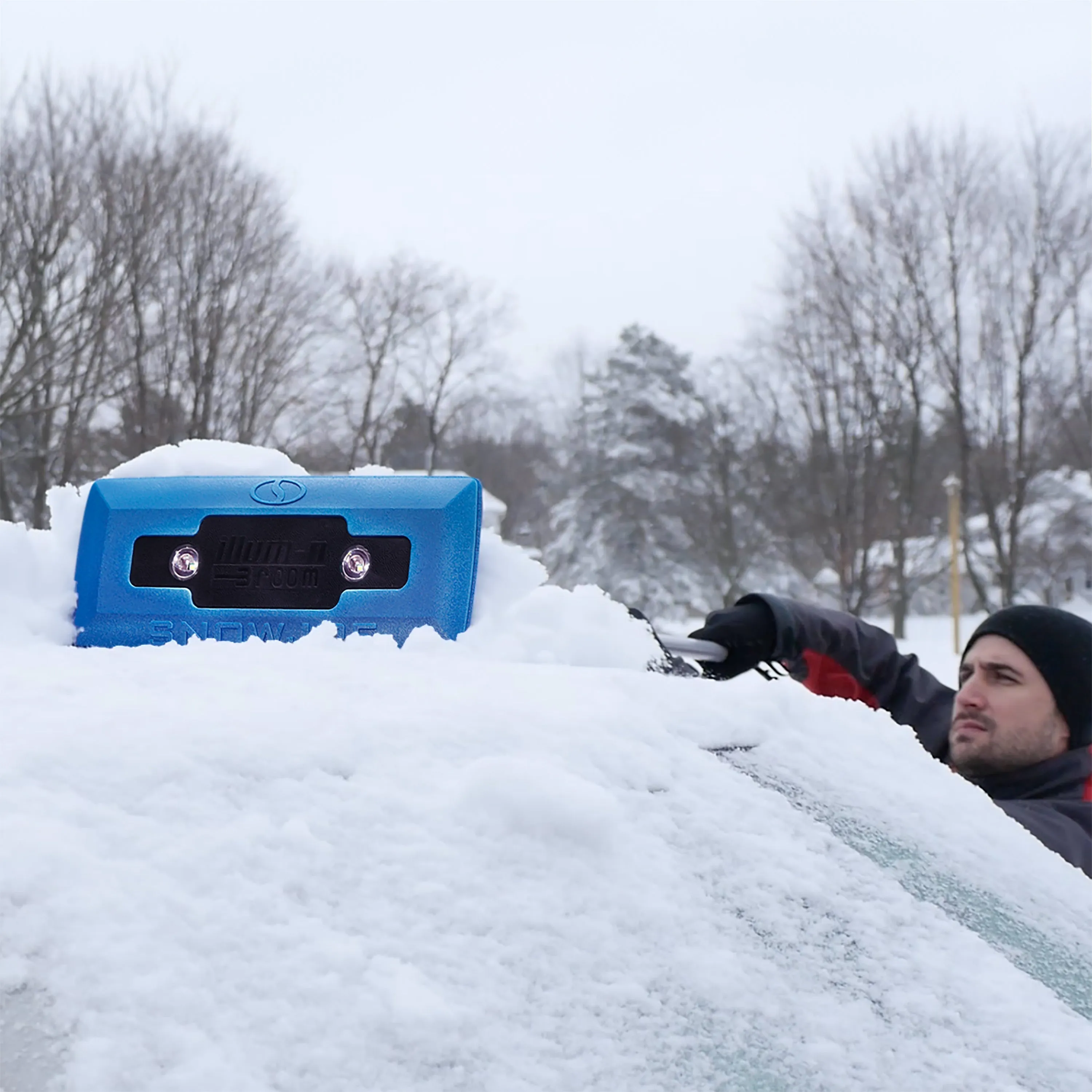 4-In-1 Telescoping Snow Broom   Ice Scraper | 18-Inch Foam Head | Headlights (Blue)