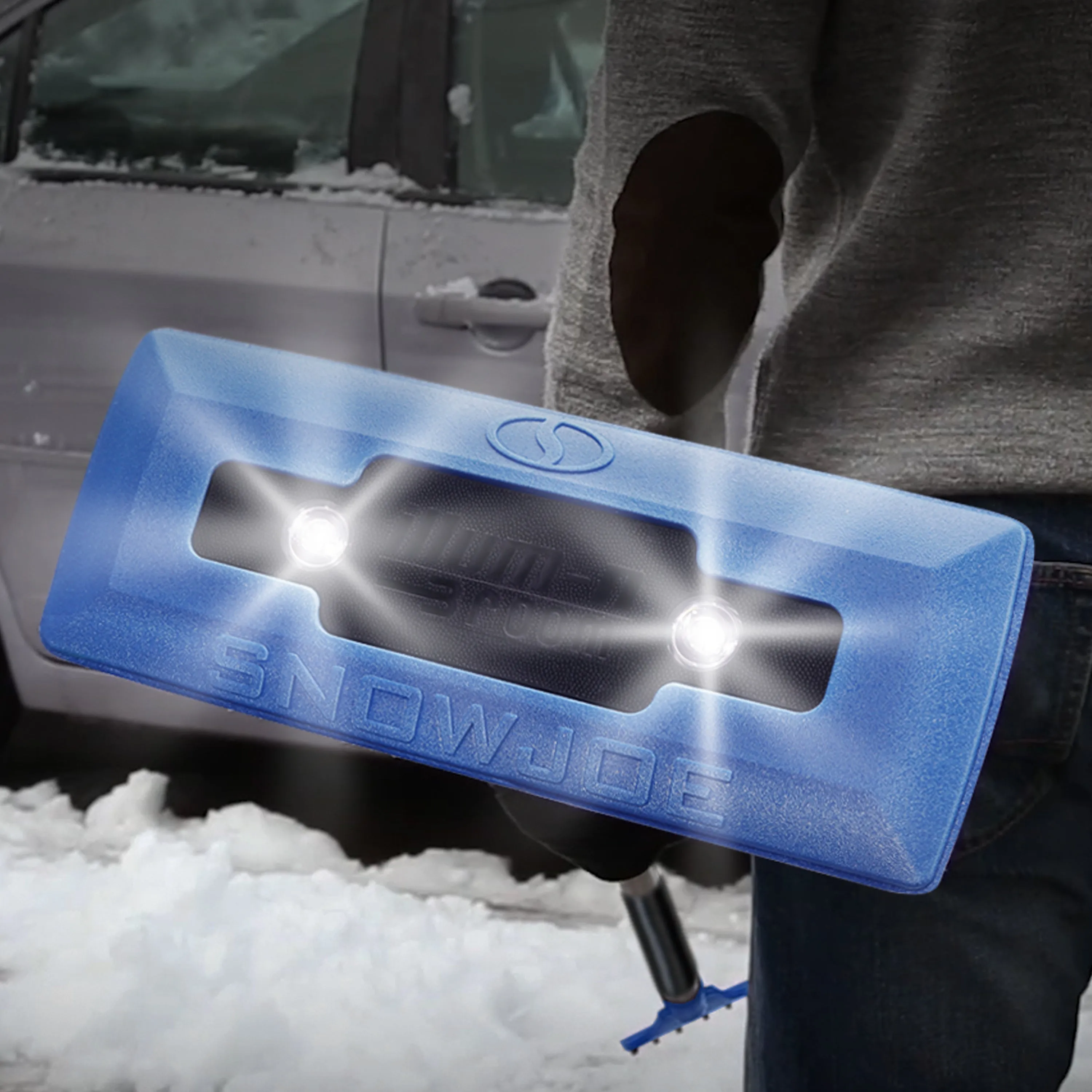 4-In-1 Telescoping Snow Broom   Ice Scraper | 18-Inch Foam Head | Headlights (Blue)