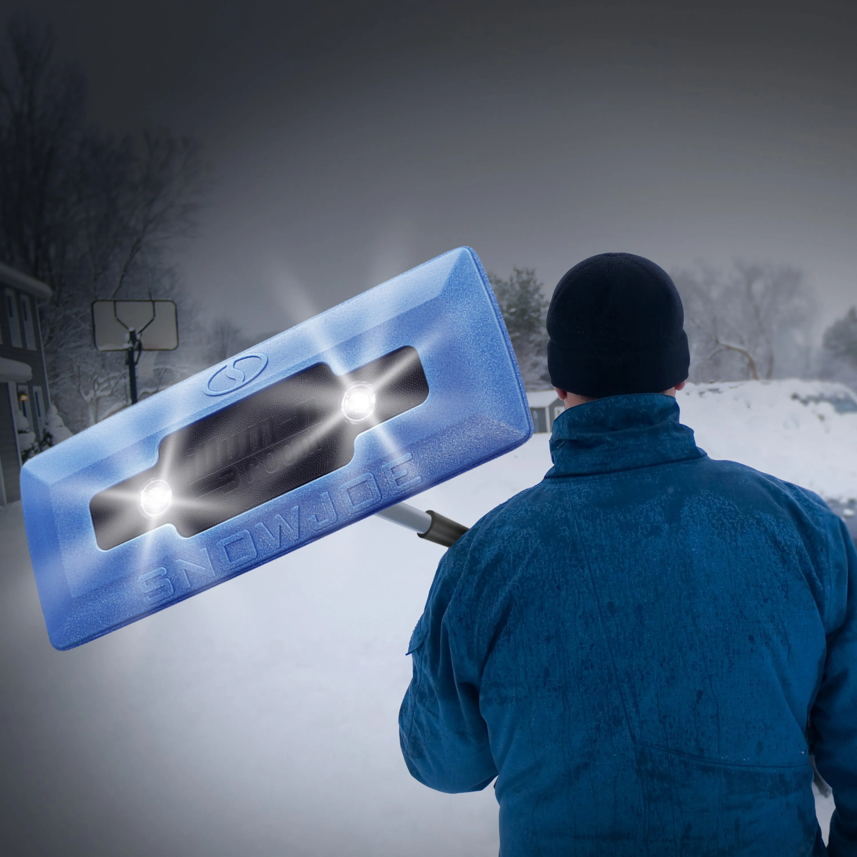 4-In-1 Telescoping Snow Broom   Ice Scraper | 18-Inch Foam Head | Headlights (Blue)