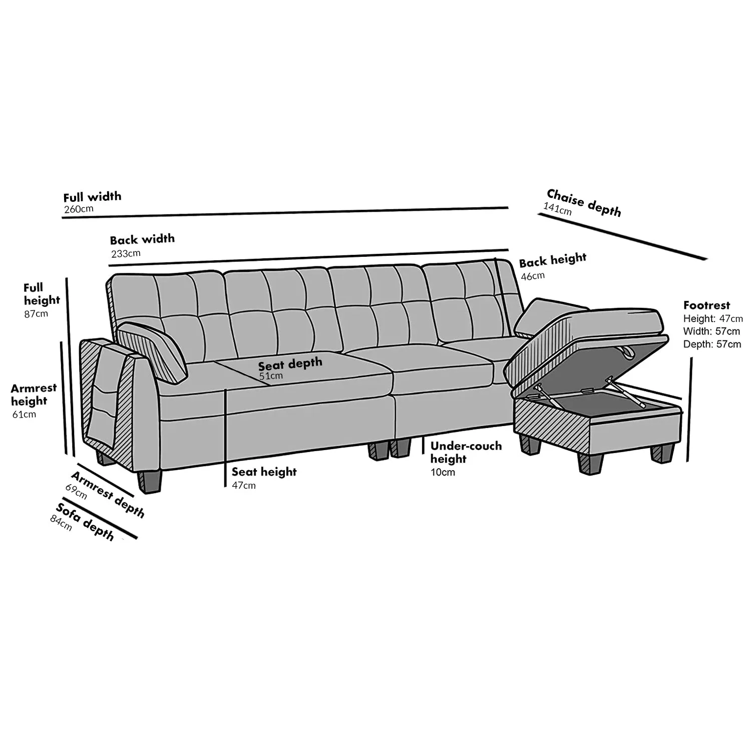 Brunswick Large 4-Seater Storage Chaise Sofa in Dark Grey