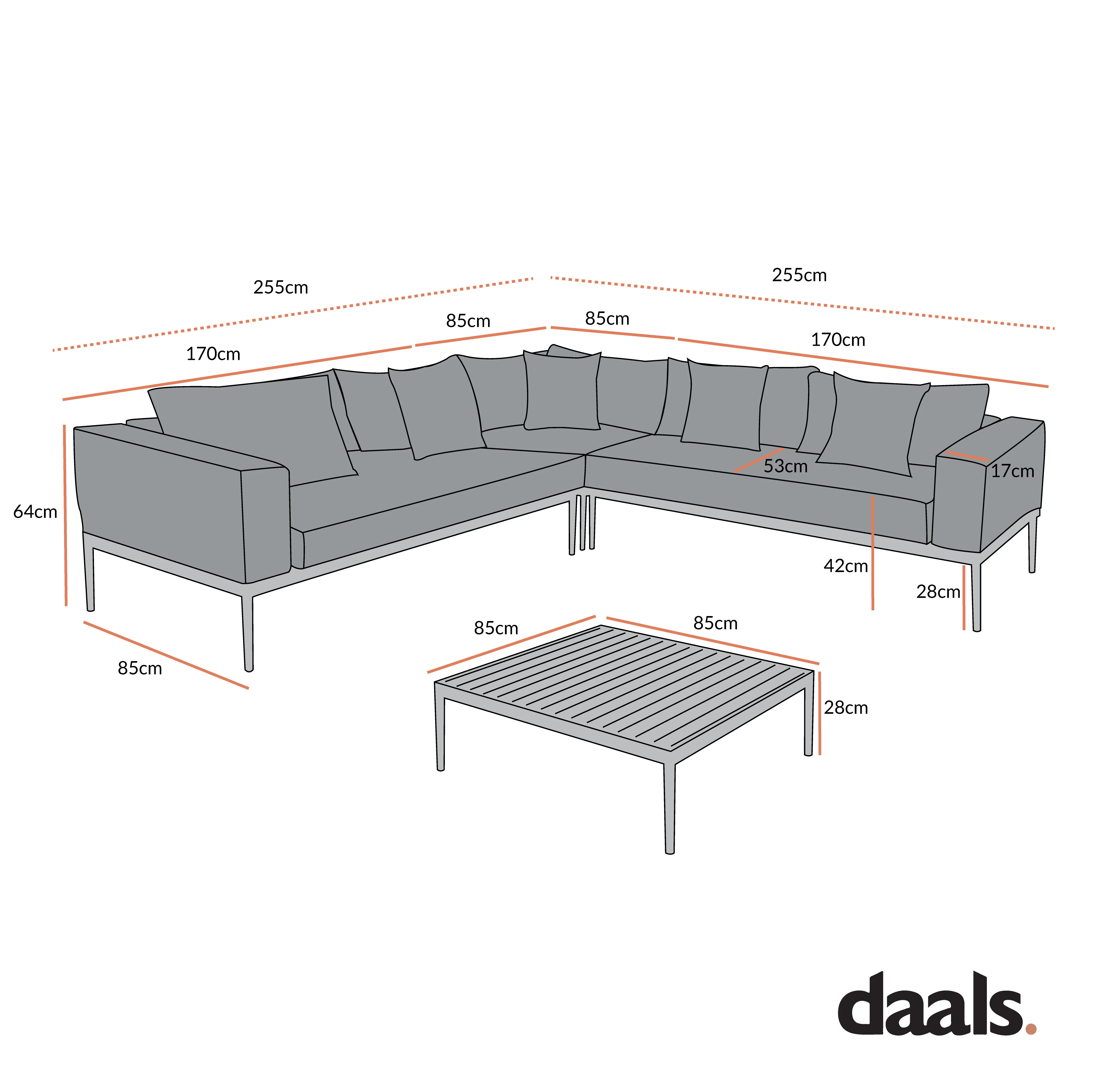 Calabasas Large Outdoor Fabric Aluminium Frame Corner Sofa Set with Coffee Table, Dark Grey