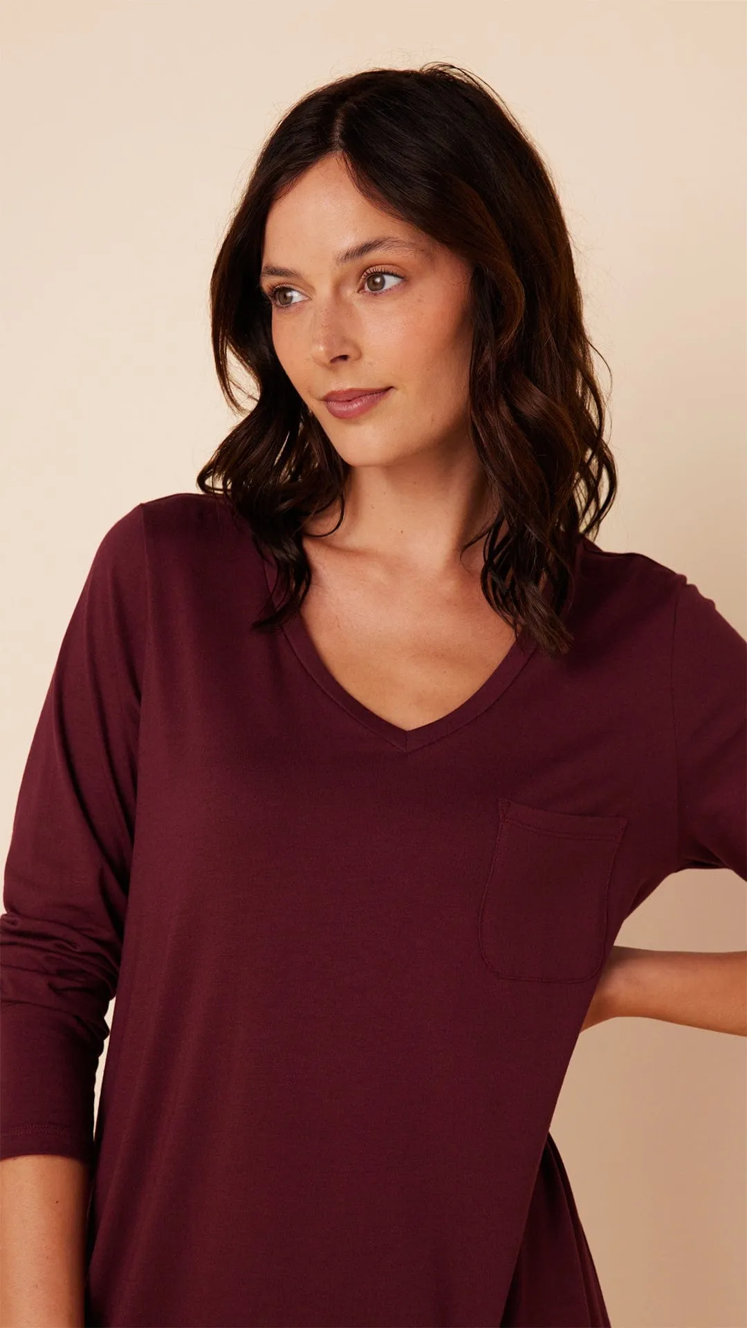 Classic Pima Knit Long-Sleeved Sleep Shirt - Mulled Wine