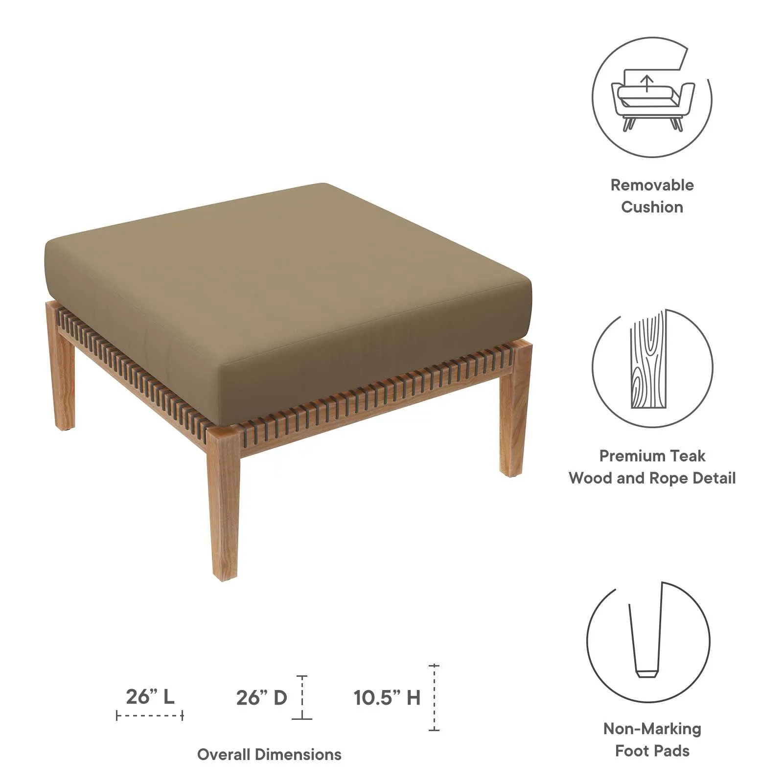 Clearwater Outdoor Patio Teak Wood Ottoman by Modway