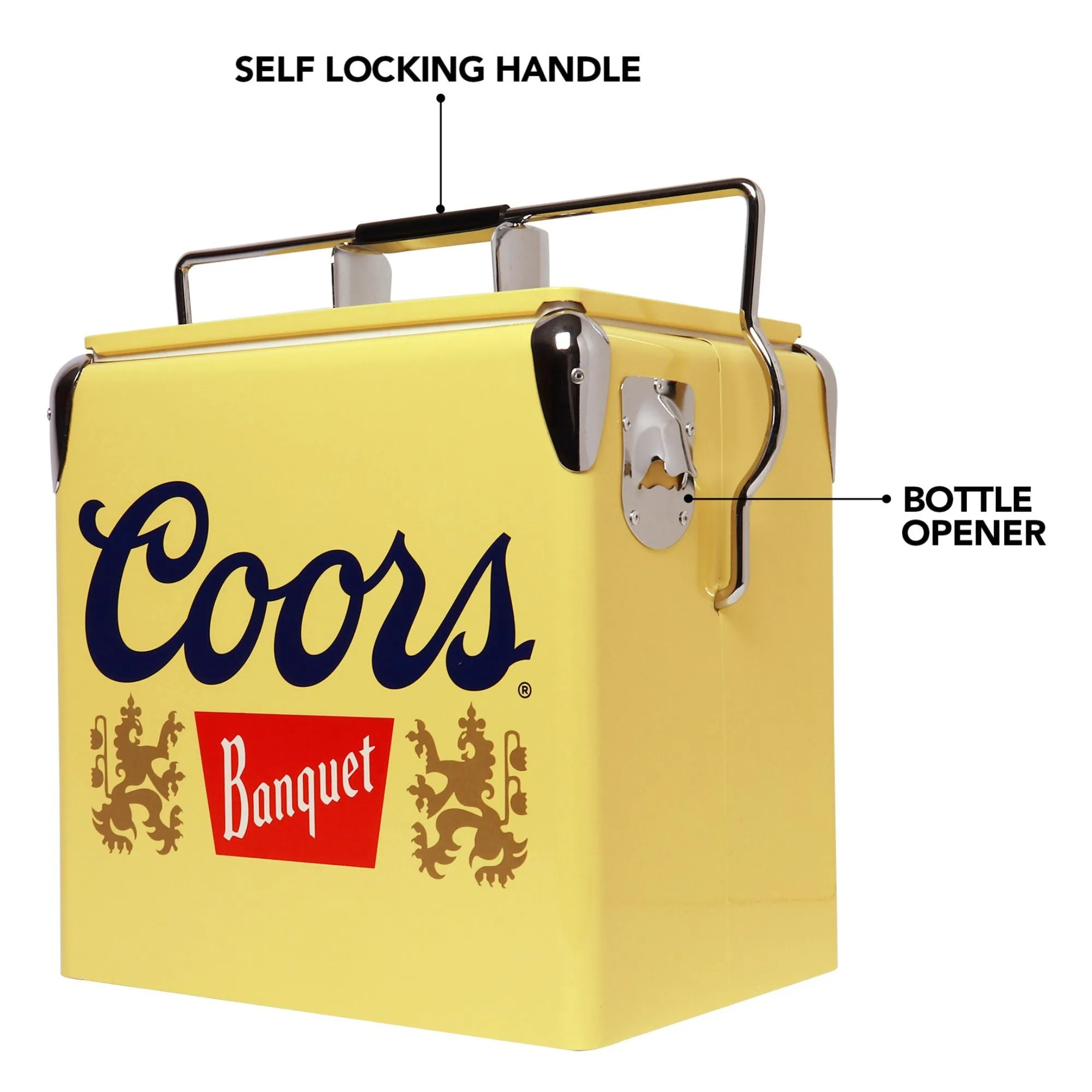 Coors Banquet Retro Ice Chest Cooler with Bottle Opener 13L (14 qt), 18 Can Capacity, Yellow and Silver, Vintage Style Ice Bucket for Camping, Beach, Picnic, RV, BBQs, Tailgating, Fishing