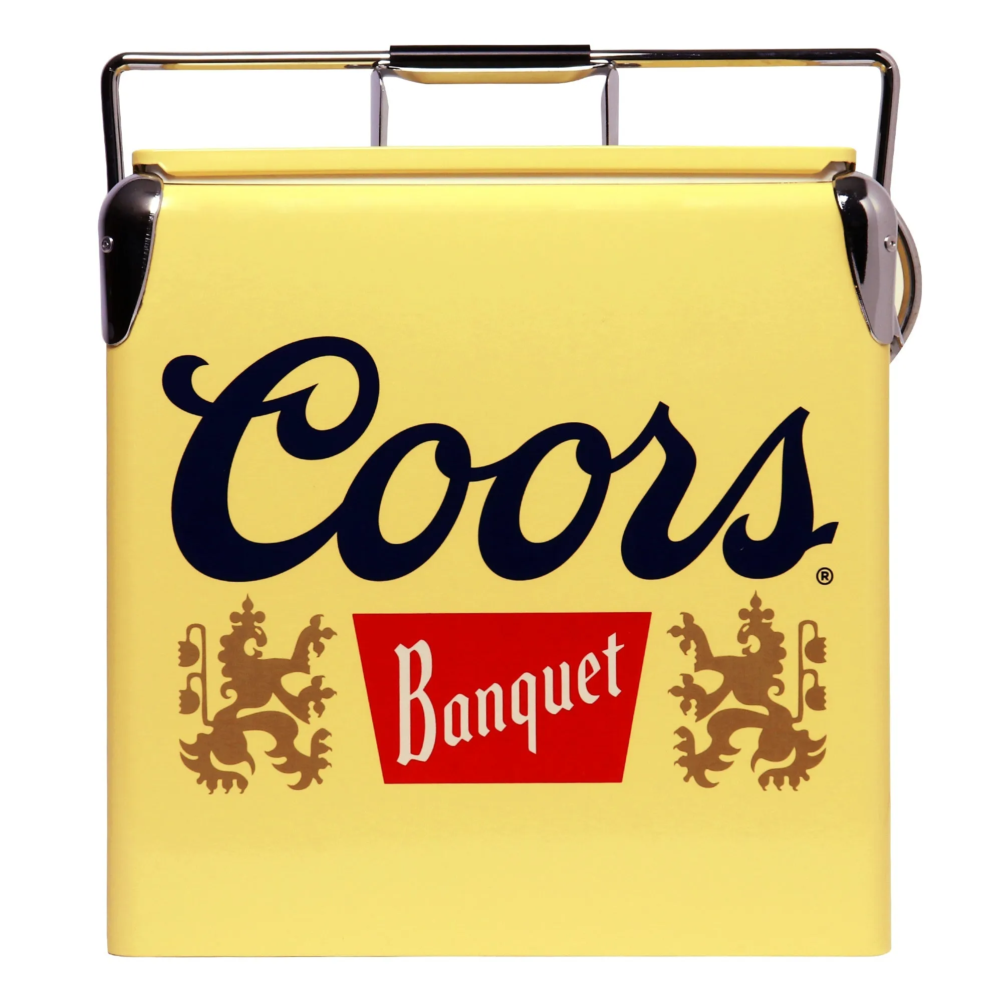 Coors Banquet Retro Ice Chest Cooler with Bottle Opener 13L (14 qt), 18 Can Capacity, Yellow and Silver, Vintage Style Ice Bucket for Camping, Beach, Picnic, RV, BBQs, Tailgating, Fishing