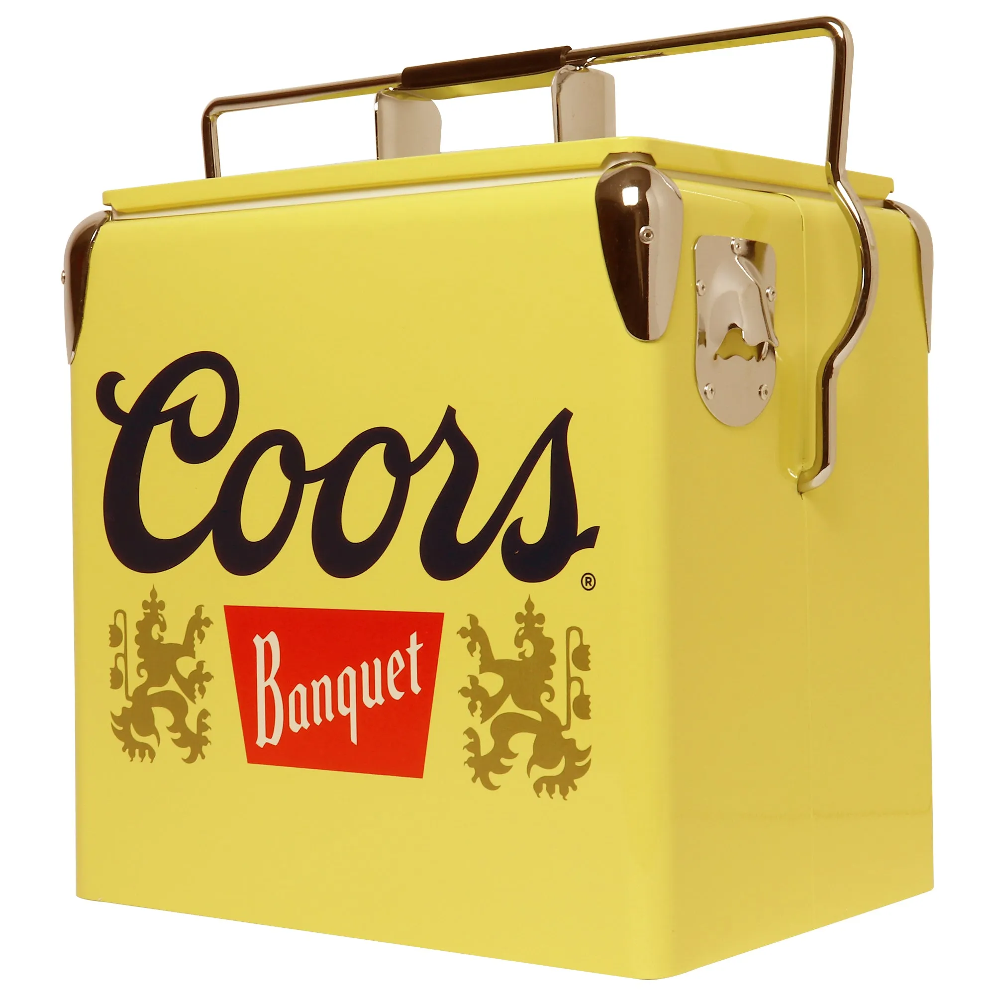 Coors Banquet Retro Ice Chest Cooler with Bottle Opener 13L (14 qt), 18 Can Capacity, Yellow and Silver, Vintage Style Ice Bucket for Camping, Beach, Picnic, RV, BBQs, Tailgating, Fishing