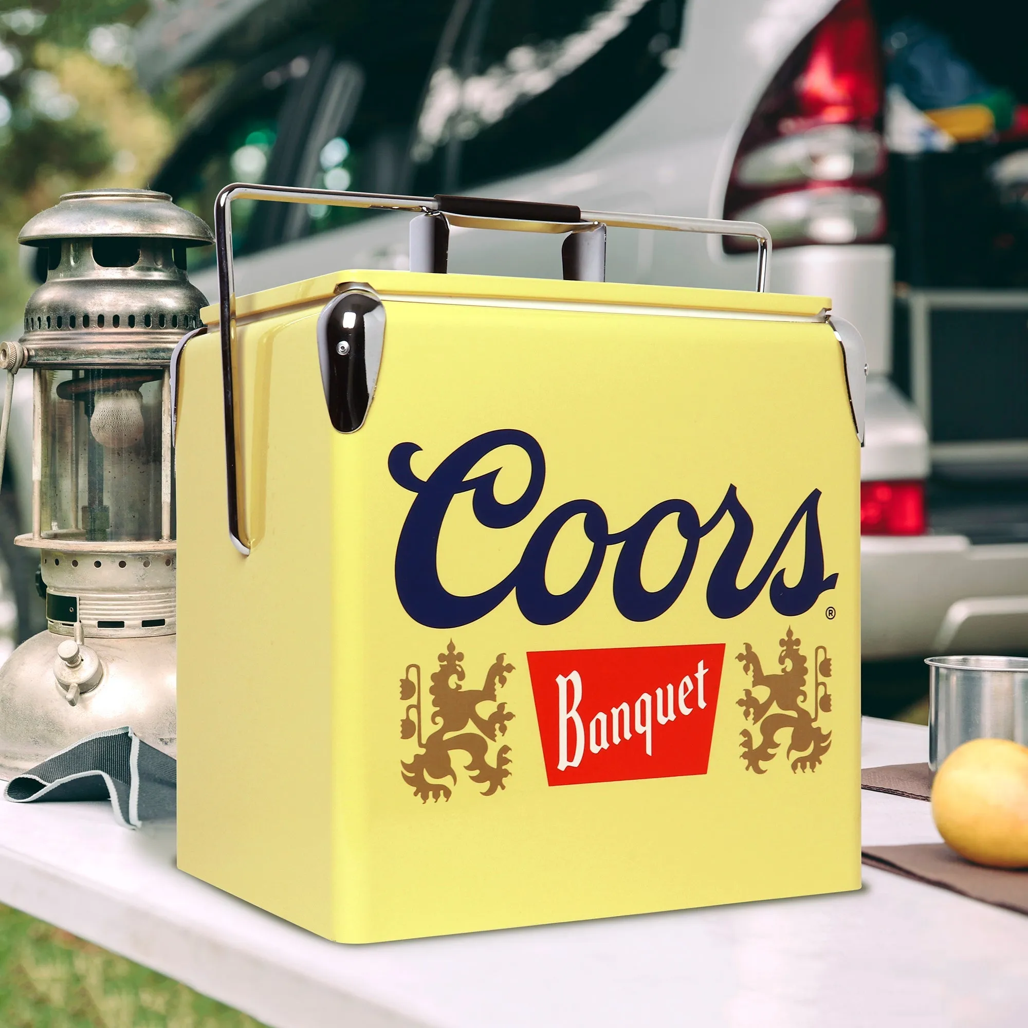 Coors Banquet Retro Ice Chest Cooler with Bottle Opener 13L (14 qt), 18 Can Capacity, Yellow and Silver, Vintage Style Ice Bucket for Camping, Beach, Picnic, RV, BBQs, Tailgating, Fishing