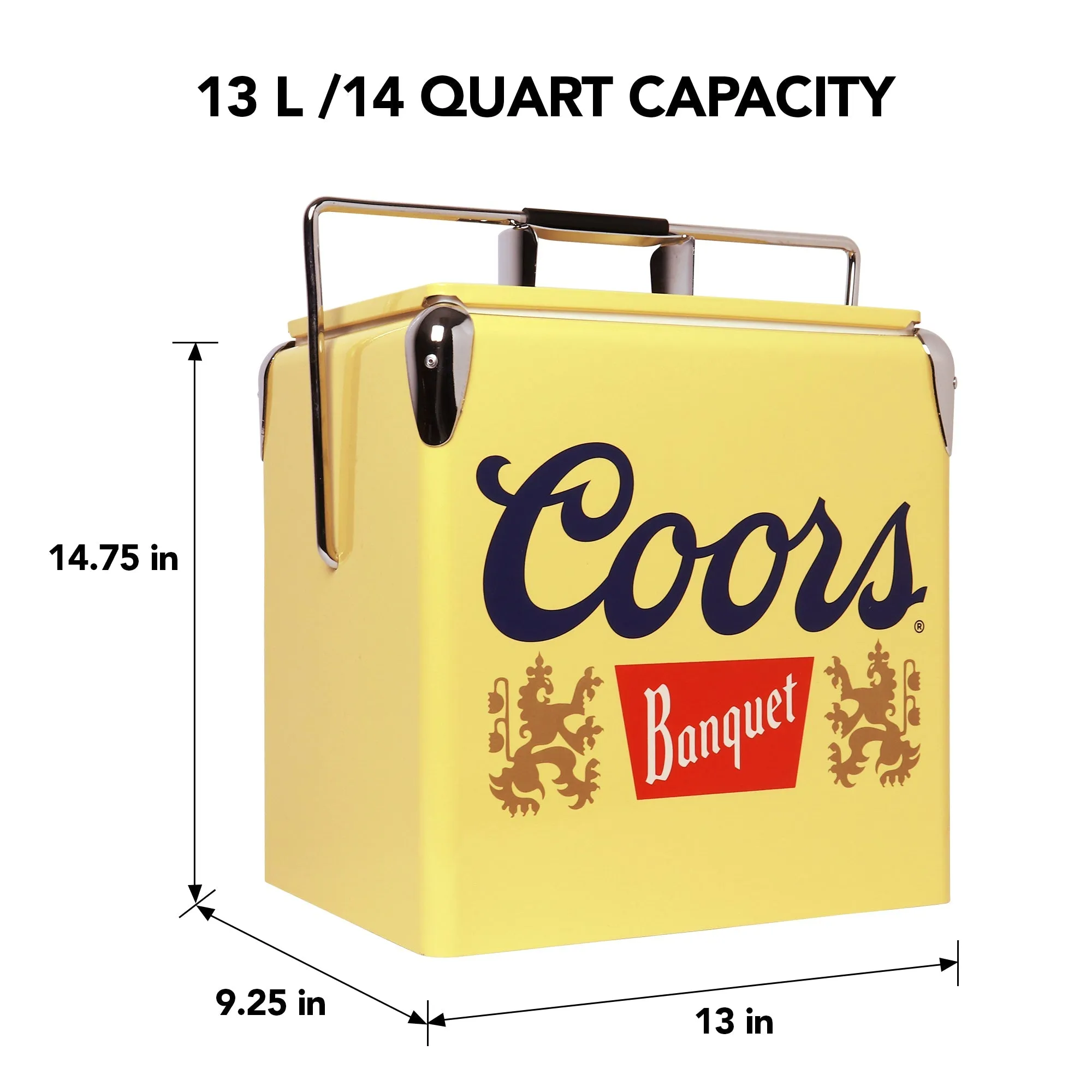 Coors Banquet Retro Ice Chest Cooler with Bottle Opener 13L (14 qt), 18 Can Capacity, Yellow and Silver, Vintage Style Ice Bucket for Camping, Beach, Picnic, RV, BBQs, Tailgating, Fishing