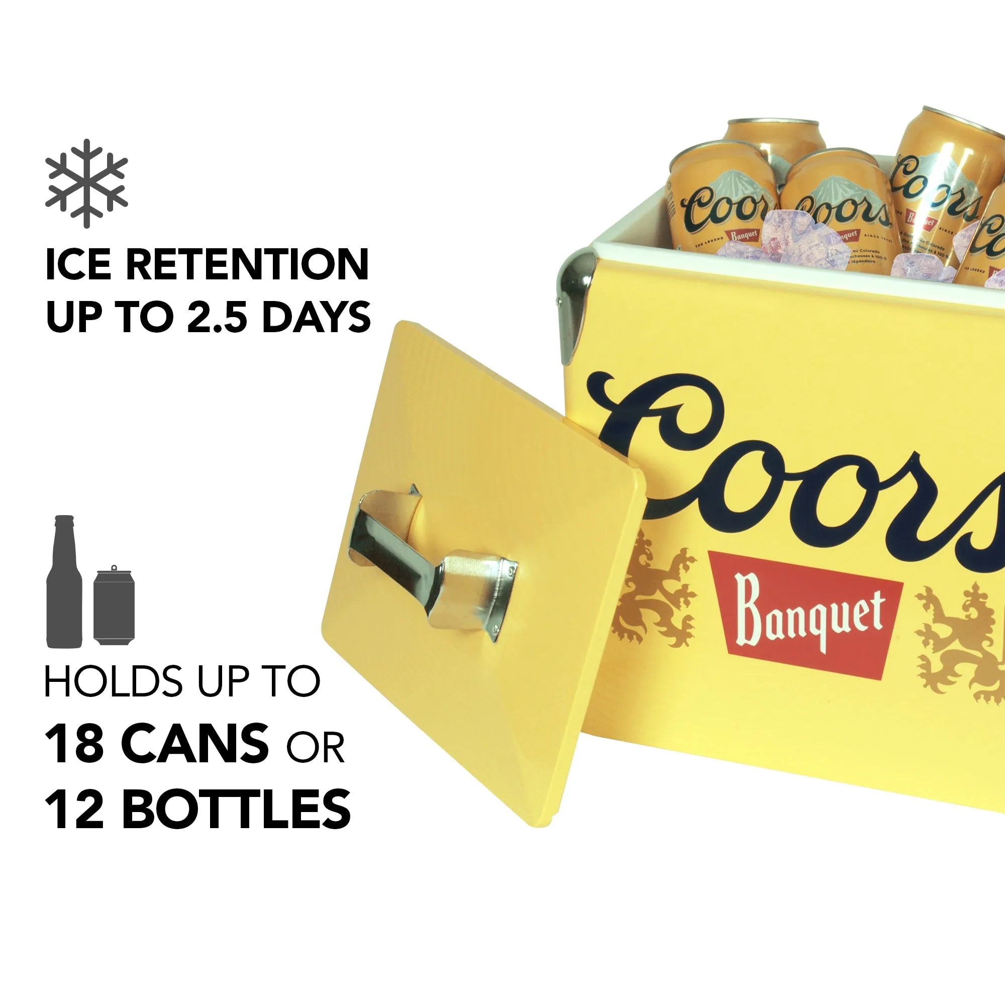 Coors Banquet Retro Ice Chest Cooler with Bottle Opener 13L (14 qt), 18 Can Capacity, Yellow and Silver, Vintage Style Ice Bucket for Camping, Beach, Picnic, RV, BBQs, Tailgating, Fishing