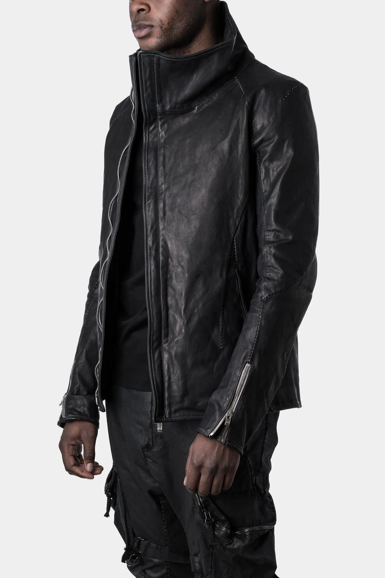 Darted shoulder scar stitch leather jacket