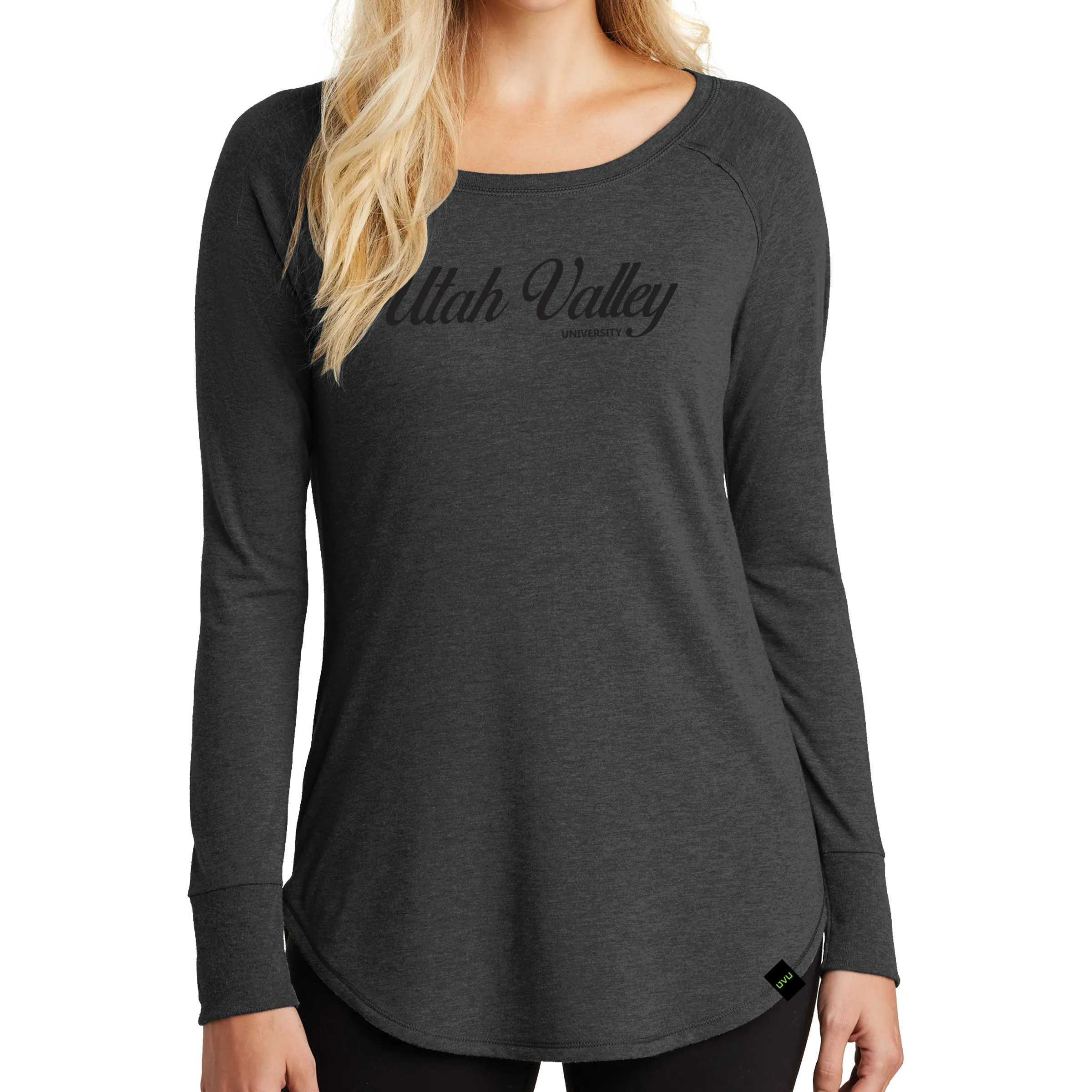 District Women’s Perfect Tri Long Sleeve Tunic Tee- UV Cursive