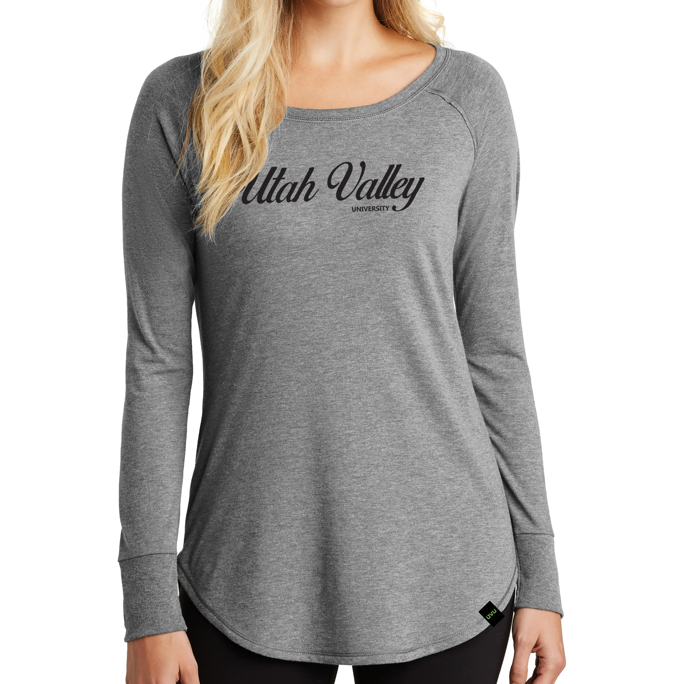 District Women’s Perfect Tri Long Sleeve Tunic Tee- UV Cursive