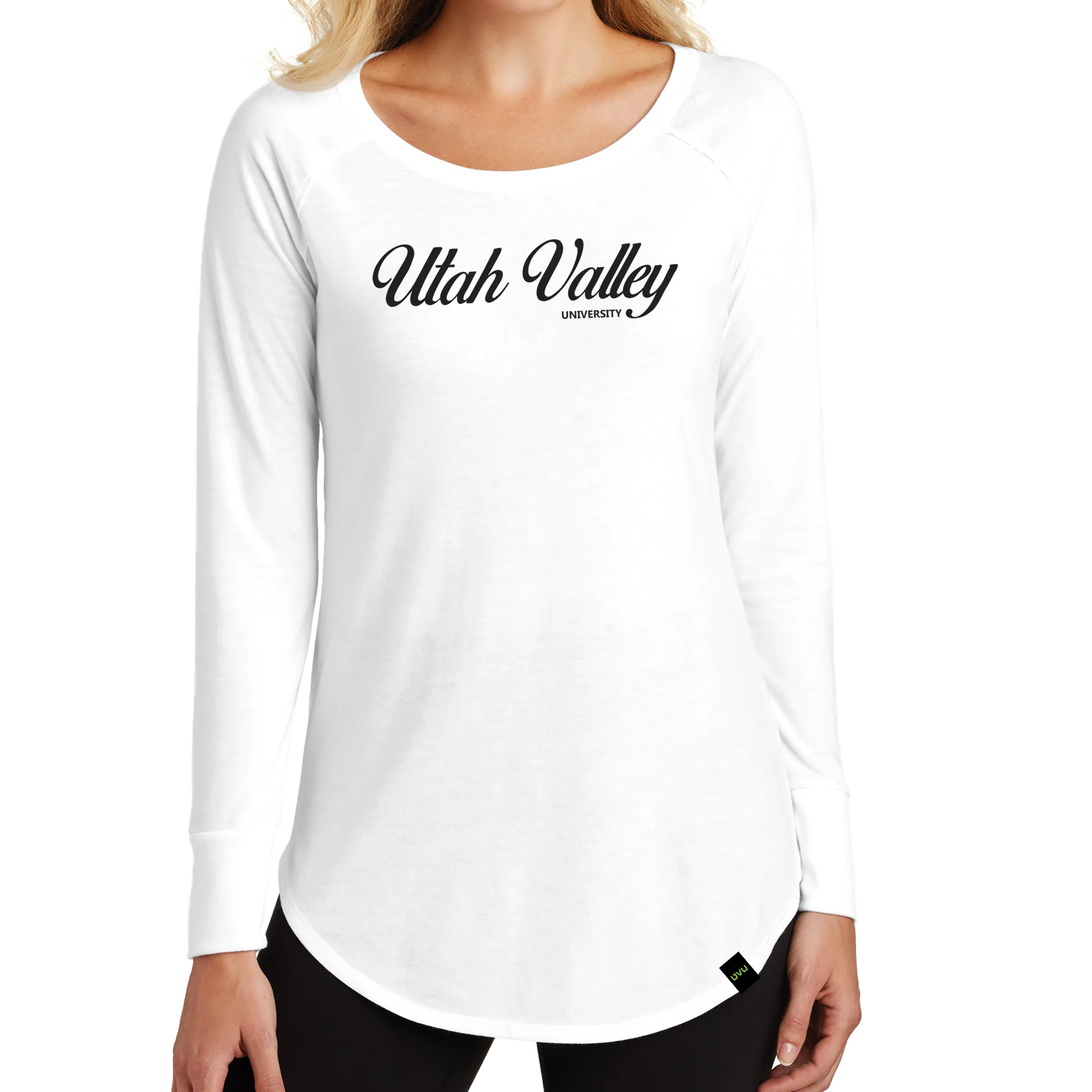 District Women’s Perfect Tri Long Sleeve Tunic Tee- UV Cursive