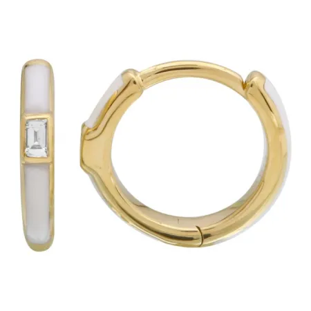 ENAMEL 14K GOLD HUGGIES WITH INSET BAGUETTE DIAMOND