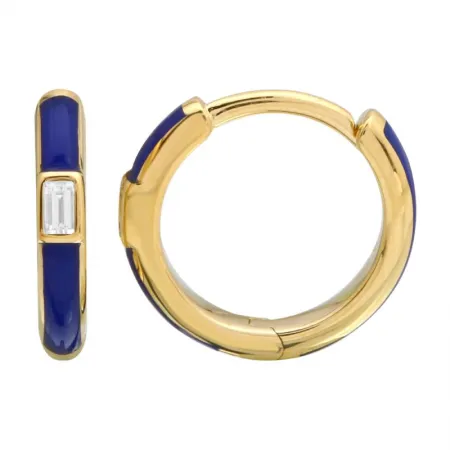 ENAMEL 14K GOLD HUGGIES WITH INSET BAGUETTE DIAMOND