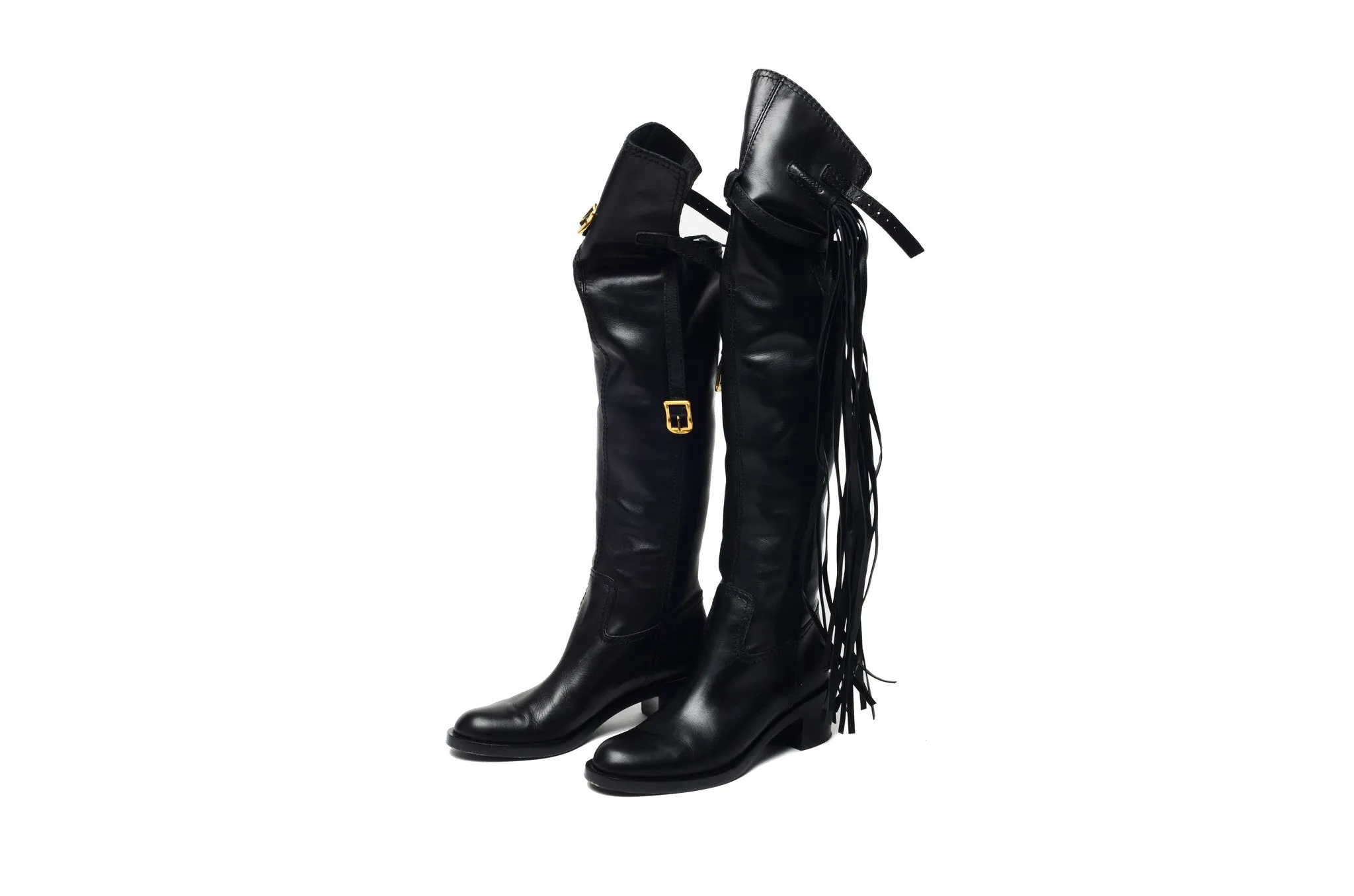 Gucci  - Black Knee High "Devendra" Boots with Fringe (As Seen on Rihanna)  - IT 38