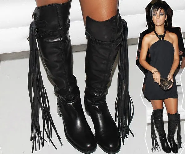 Gucci  - Black Knee High "Devendra" Boots with Fringe (As Seen on Rihanna)  - IT 38