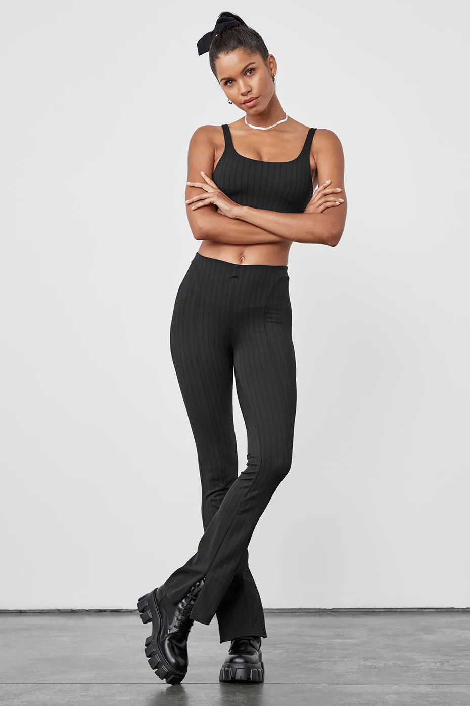 High-Waist Pinstripe Zip It Flare Legging - Anthracite/Black