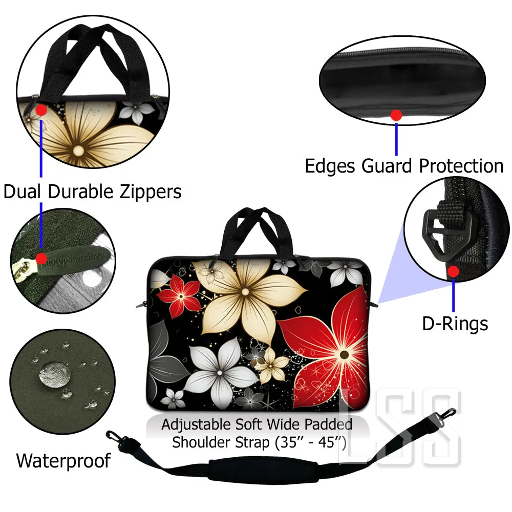 Laptop Notebook Sleeve Carrying Case with Carry Handle and Shoulder Strap - Black Gray Red Flower Leaves