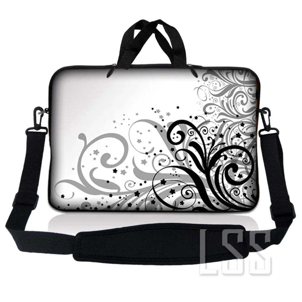 Laptop Notebook Sleeve Carrying Case with Carry Handle and Shoulder Strap - Grey Swirl Black & White Floral