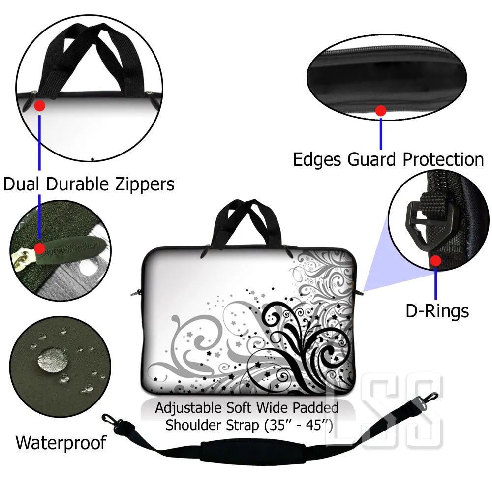 Laptop Notebook Sleeve Carrying Case with Carry Handle and Shoulder Strap - Grey Swirl Black & White Floral