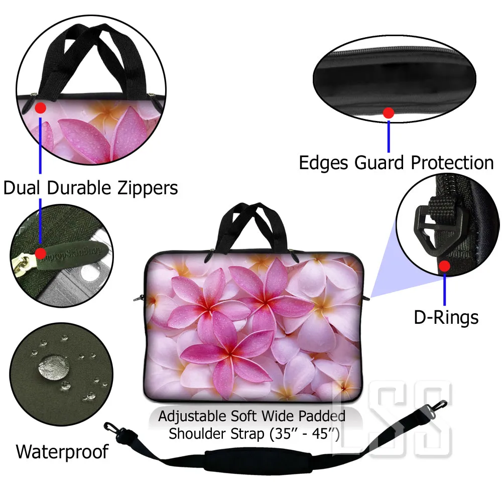 Laptop Notebook Sleeve Carrying Case with Carry Handle and Shoulder Strap - Pink Plumeria Flower