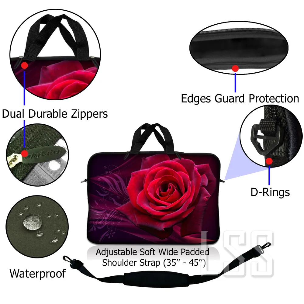 Laptop Notebook Sleeve Carrying Case with Carry Handle and Shoulder Strap - Pink Rose Floral Flower