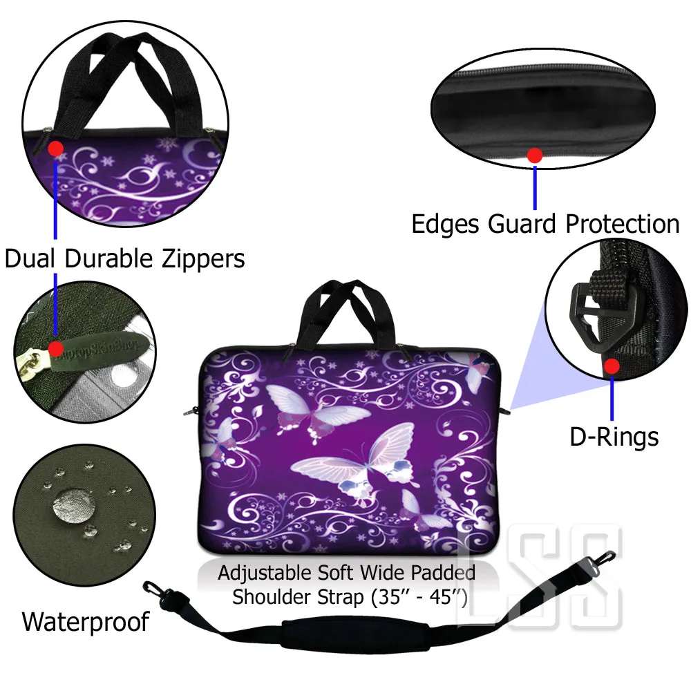 Laptop Notebook Sleeve Carrying Case with Carry Handle and Shoulder Strap - Purple Butterfly