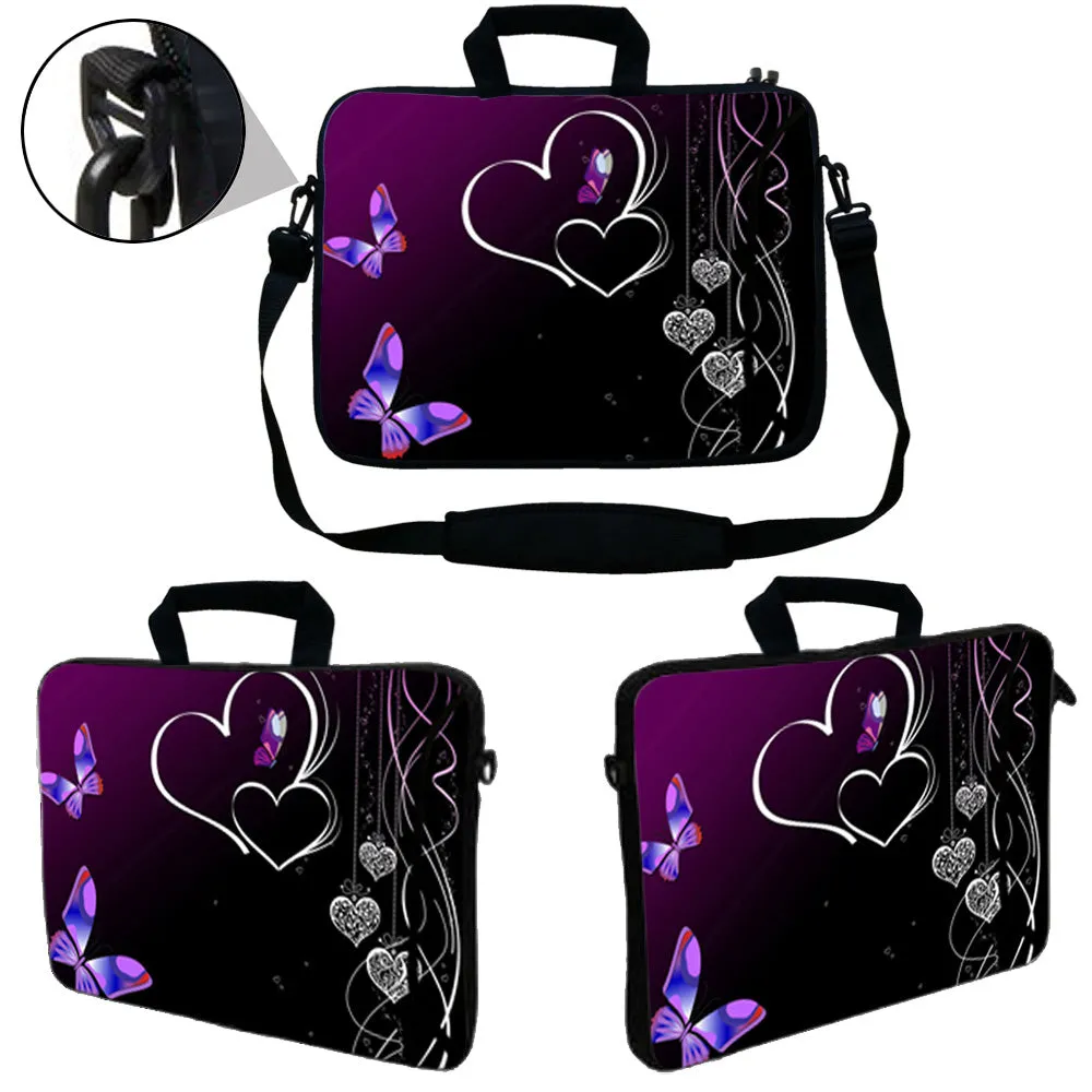 Laptop Sleeve Carrying Case with Large Side Pocket for Accessories and Removable Shoulder Strap - Butterfly Heart Floral