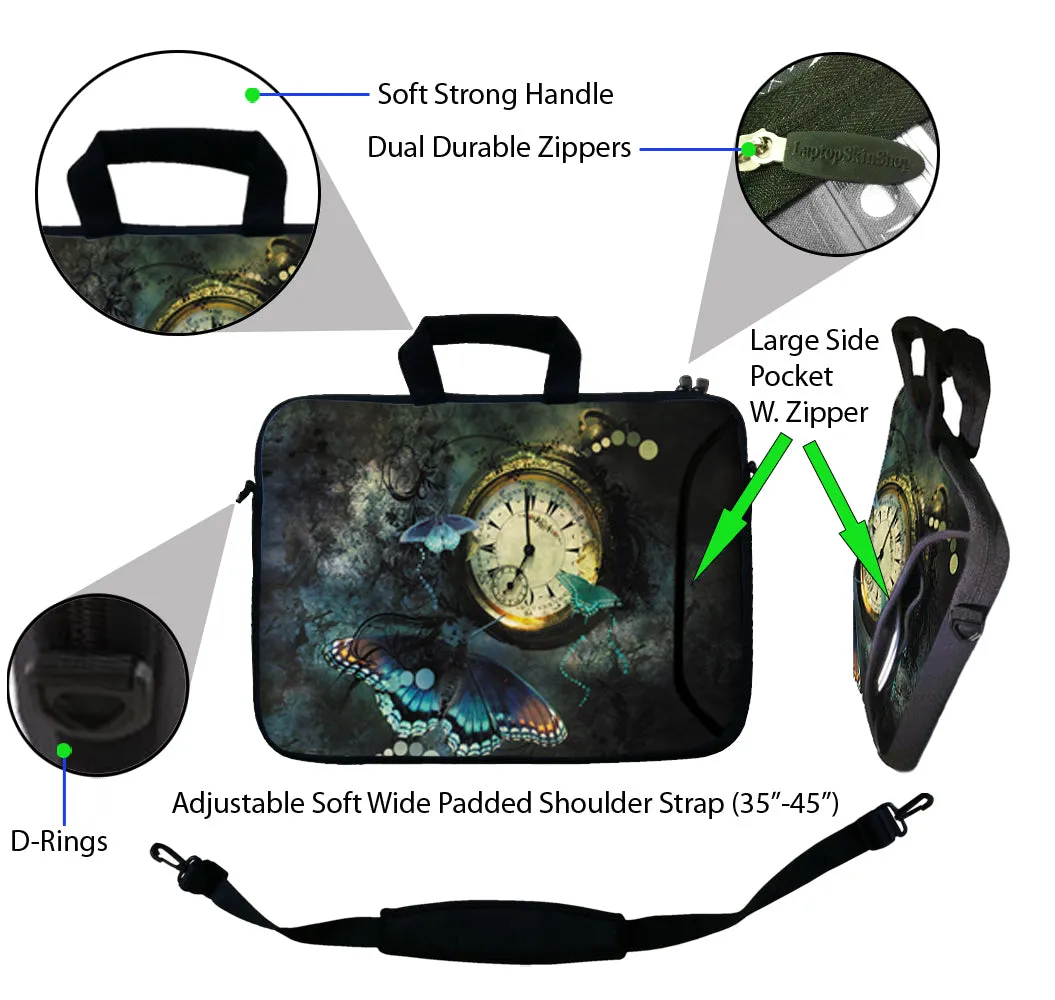 Laptop Sleeve Carrying Case with Large Side Pocket for Accessories and Removable Shoulder Strap - Clock Butterfly Floral