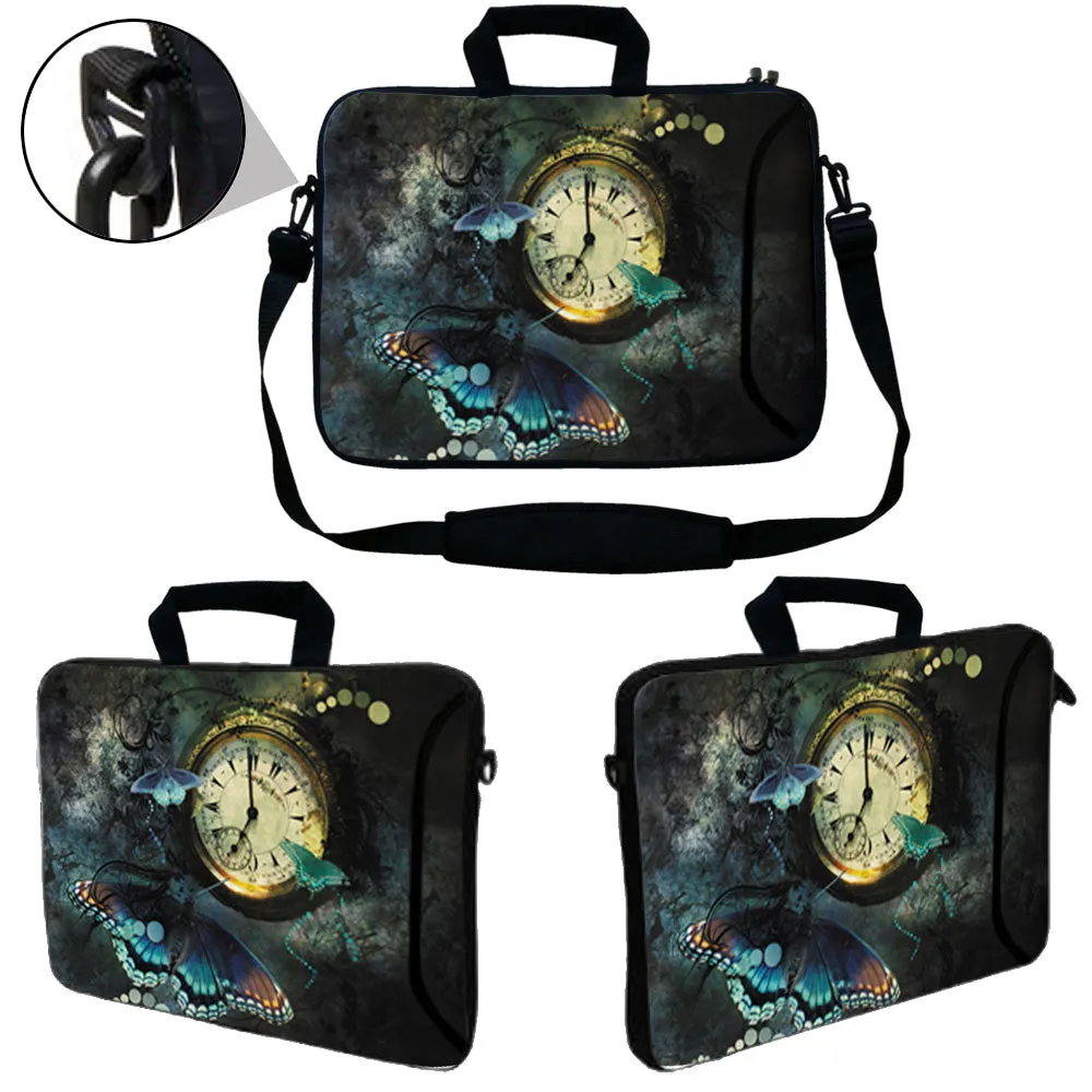 Laptop Sleeve Carrying Case with Large Side Pocket for Accessories and Removable Shoulder Strap - Clock Butterfly Floral