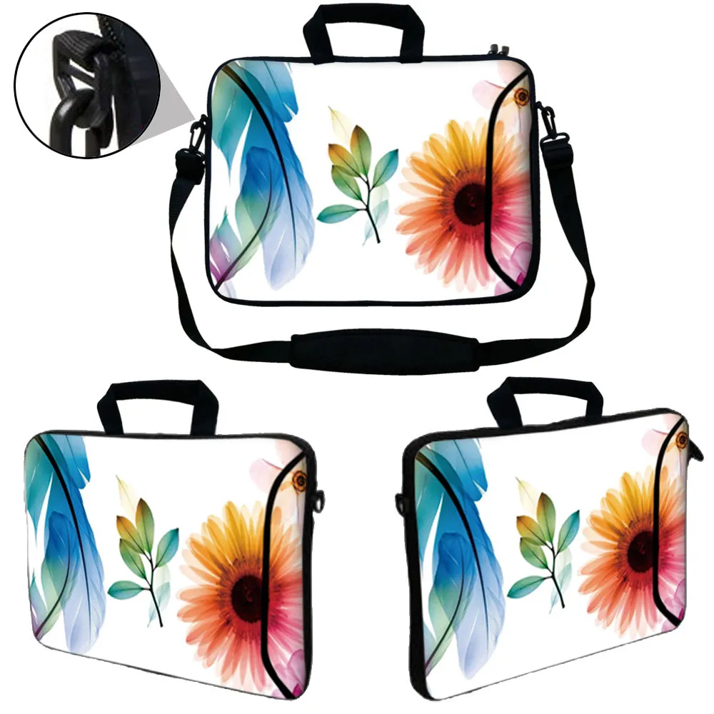 Laptop Sleeve Carrying Case with Large Side Pocket for Accessories and Removable Shoulder Strap - Daisy Flower Leaves Floral