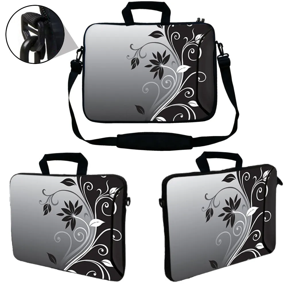 Laptop Sleeve Carrying Case with Large Side Pocket for Accessories and Removable Shoulder Strap - Gray Black Swirl Floral