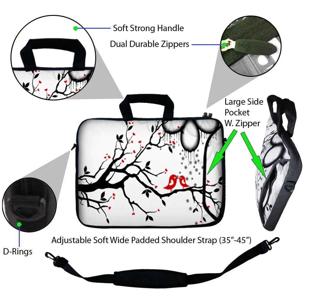 Laptop Sleeve Carrying Case with Large Side Pocket for Accessories and Removable Shoulder Strap - Love Birds