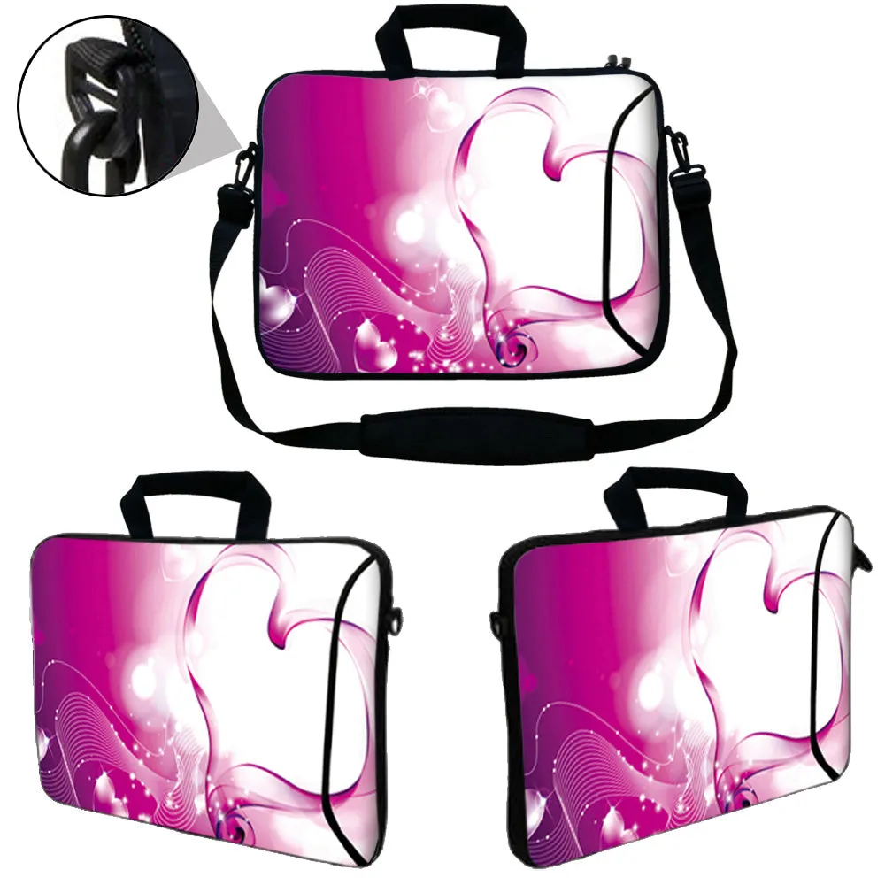 Laptop Sleeve Carrying Case with Large Side Pocket for Accessories and Removable Shoulder Strap - Pink Heart