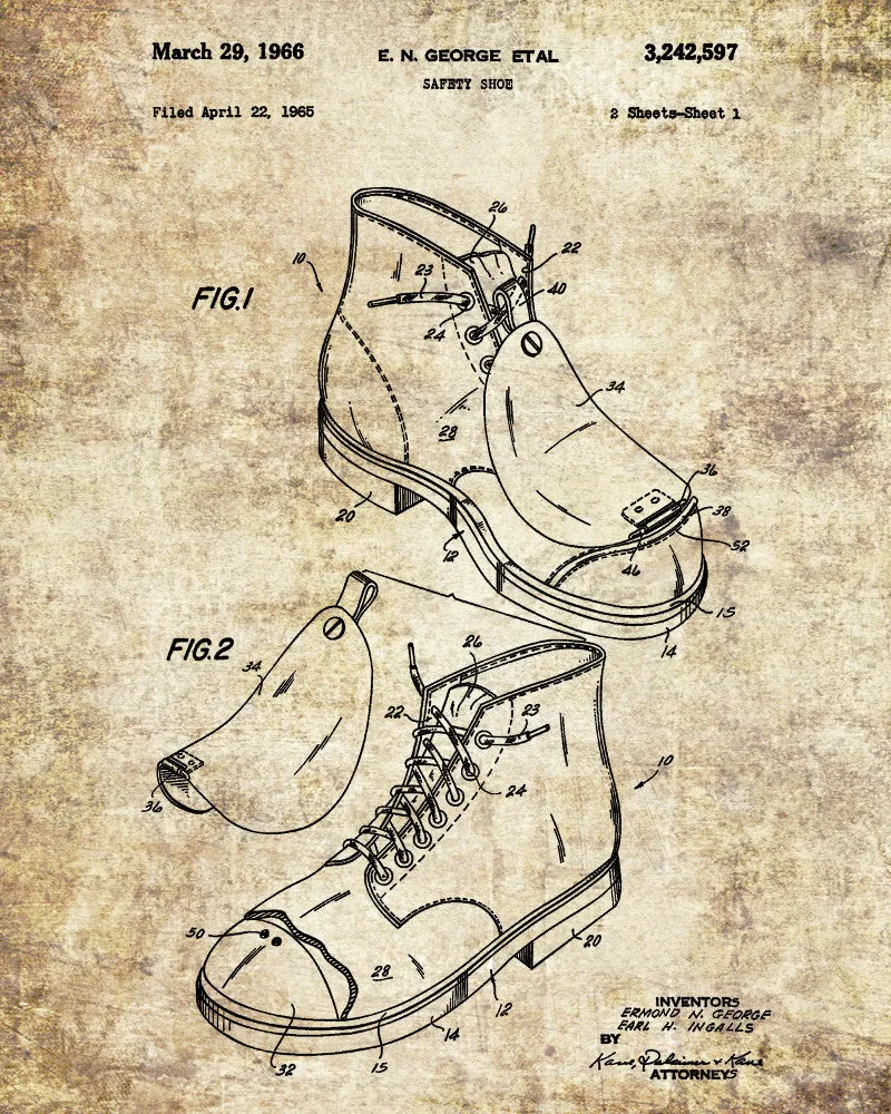 Safety Shoes Patent Print Workshop Blueprint Poster