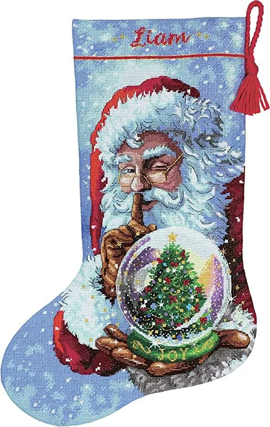 SANTAS SNOW GLOBE STOCKING, Counted Cross Stitch Kit, 16 count grey Aida, size 16" 41 cm long, DIMENSIONS, Gold Collection (70-08985)