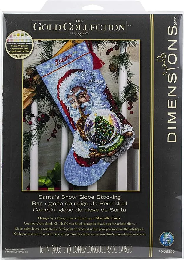 SANTAS SNOW GLOBE STOCKING, Counted Cross Stitch Kit, 16 count grey Aida, size 16" 41 cm long, DIMENSIONS, Gold Collection (70-08985)