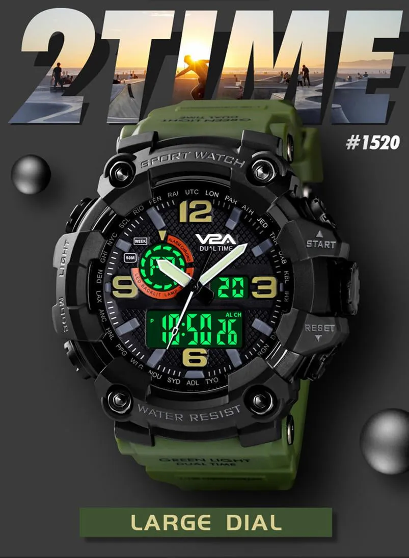 V2A Cammando Army Green Analog Digital Sport Watches for Men's and Boys