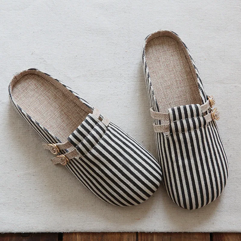 Women Retro Stripe Canvas Flat Casual Mules